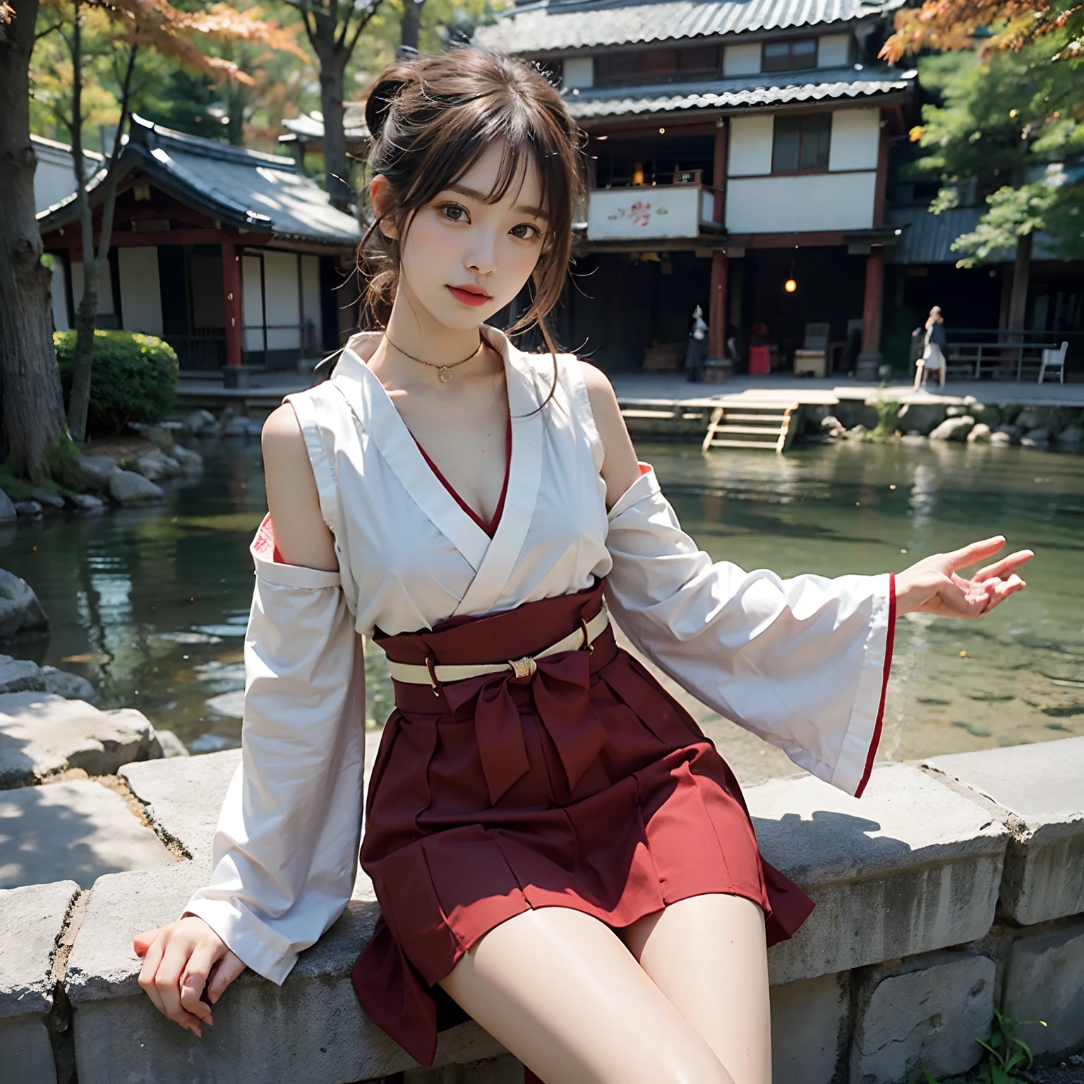 Woman in red skirt and white shirt is taking pictures, japanese girl school uniform, hakama kimono, Japan school uniform, Collar white and red, A Japanese style, Red kimono, Japanese style, traditional japanese, Wearing Hakama, japanese kimono,Autumn leaves in the background,Autumn outdoor background，No bra，feet visible ，You can see the valley ，cleavage of the breast ，Furisode ，Wide sleeves ，Wearing a priestess uniform ，shoulders can be seen ，Shoulder skin is visible ，Shoulders exposed ，wide open legs ，opening legs ，M-shaped legs