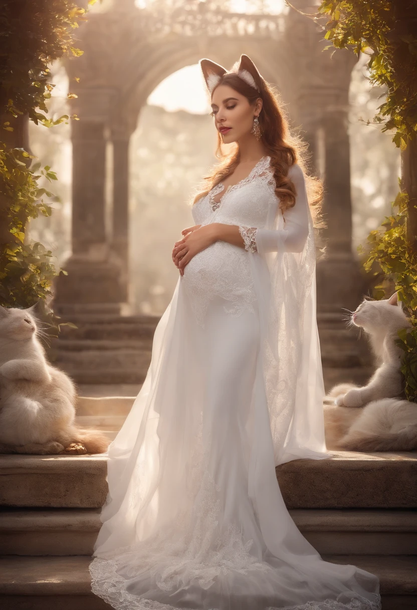 True personification cat ears pregnant women all over,Wearing white lace stockings,offcial dress,Stand up,