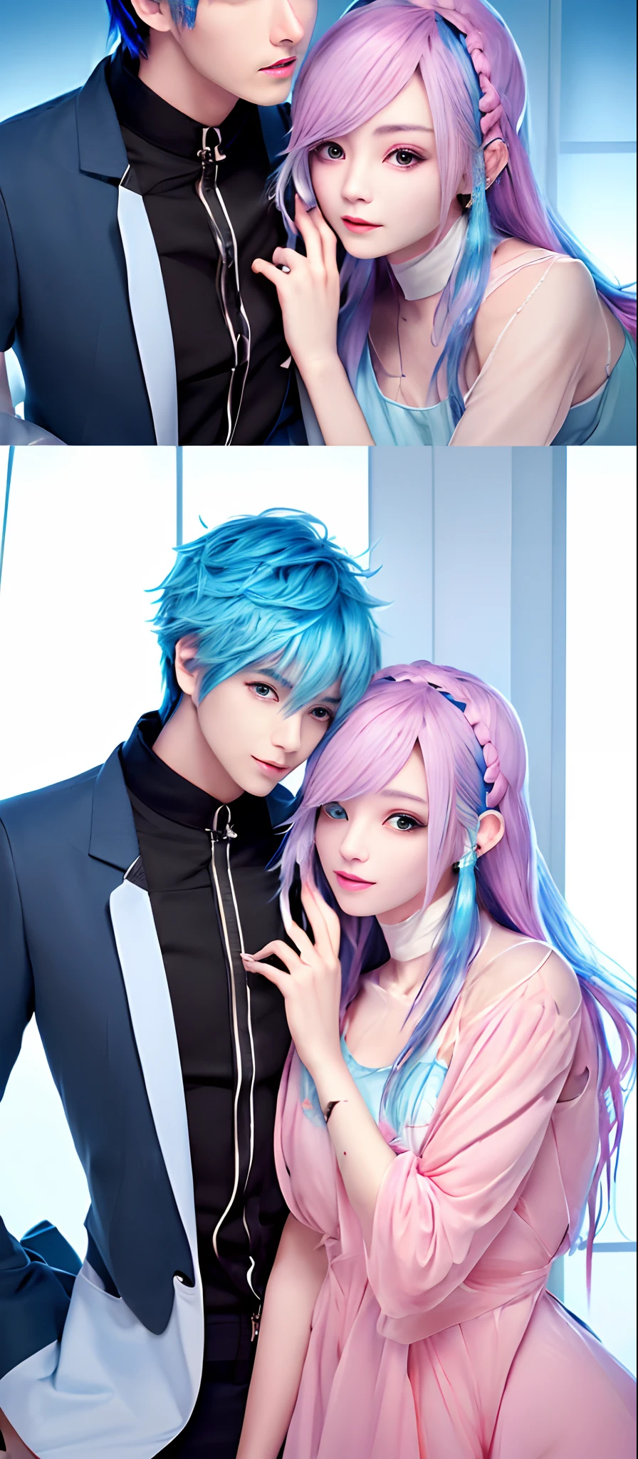 ((Male and female couples)), window, Idol Photos, Magazine covers, Photos of actors, Professional Photos, Height difference, tall male, Happiness, youthfulness, extra detailed face, detailed punk hair, very detailed character, inspired by Sim Sa-jeong, Cai Xukun's, detailed realistic faces, highly detailed realistic face, high detailed face anime, realistic detailed face, Accurate detailed face, attractive androgynous humanoid, Cool Korean fashion in black, ((With a man with light blue hair)), ((Woman with pink hair)), ((Woman with long hair below waist)), ((Man with short hair over ears)), ((Pink hair woman with gentle expression)), ((Man with light blue hair with wild expression)), high-level image quality, ​masterpiece, Photographed so that the whole body can be seen, Photographed to make clothes look beautiful, Take your eyes off, ((two individuals)), ((British couple))