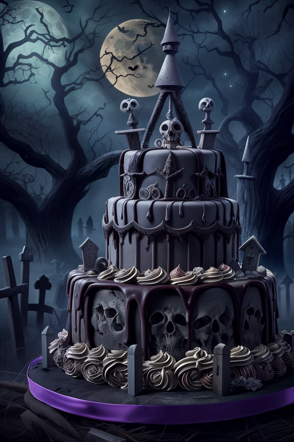 Photo of (creepy) cake in a (spooky) graveyard, moon, style of tim burton, elaborate intricate detailed high quality highres dramatic lighting 8k high saturation