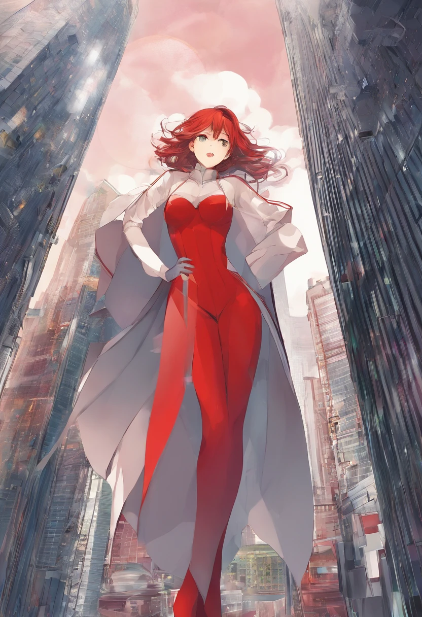 Mature woman with a height of 50 meters,Stand between skyscrapers,der riese,Looking down at the lens,Red Leotard,((best qualtiy,8K,tmasterpiece:1.3))),Clear focus:1.2,Beautiful Women in Perfect Figure:1.4,Slender Abs:1.2,extra detailed face,Detailed eyes,二重まぶた,short red hair