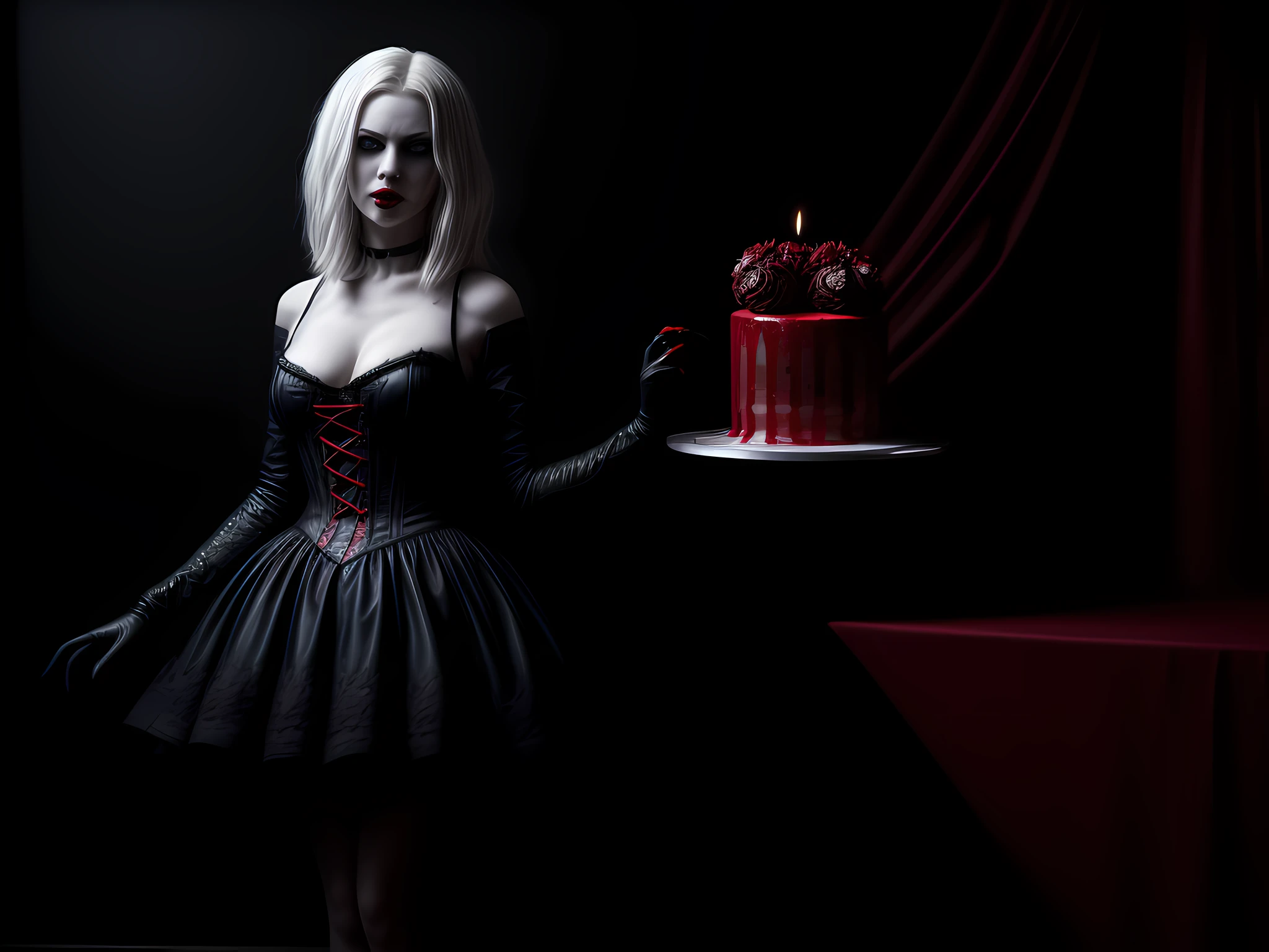 a  picture of extremely (beautiful (1) female vampire: 1.4) looking at (red MasterChef style cake: 1.5), an exquisite (1) beautiful vampire, full body, ultra feminineת (ultra detailed face: 1.2), blond hair, short hair, pale skin, red lips, blue eyes, (vampiric fangs: 1.2) wearing sexy white seductive latex dress, blood stains on the dress, looking at a red Bakeoff, award winning cake, 2 floors, decorated with red whipped cream, and artful stylish decorations, blood dripping from the cake, dark castle style kitchen background, dim candles light, dark fantasy art, gothic art, dynamic angle, best details, best quality, 16K, [ultra detailed], masterpiece, best quality, (ultra detailed), full body, ultra wide shot, photorealistic,