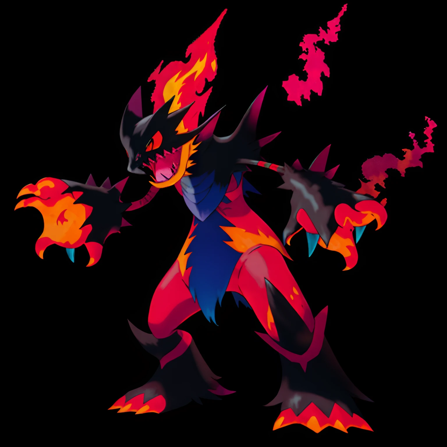 A pokémon, Flames and ghosts, Monster-like, Edgy, masutepiece, High quality, Best Quality, hight resolution, Ultra-detailed, Black background,