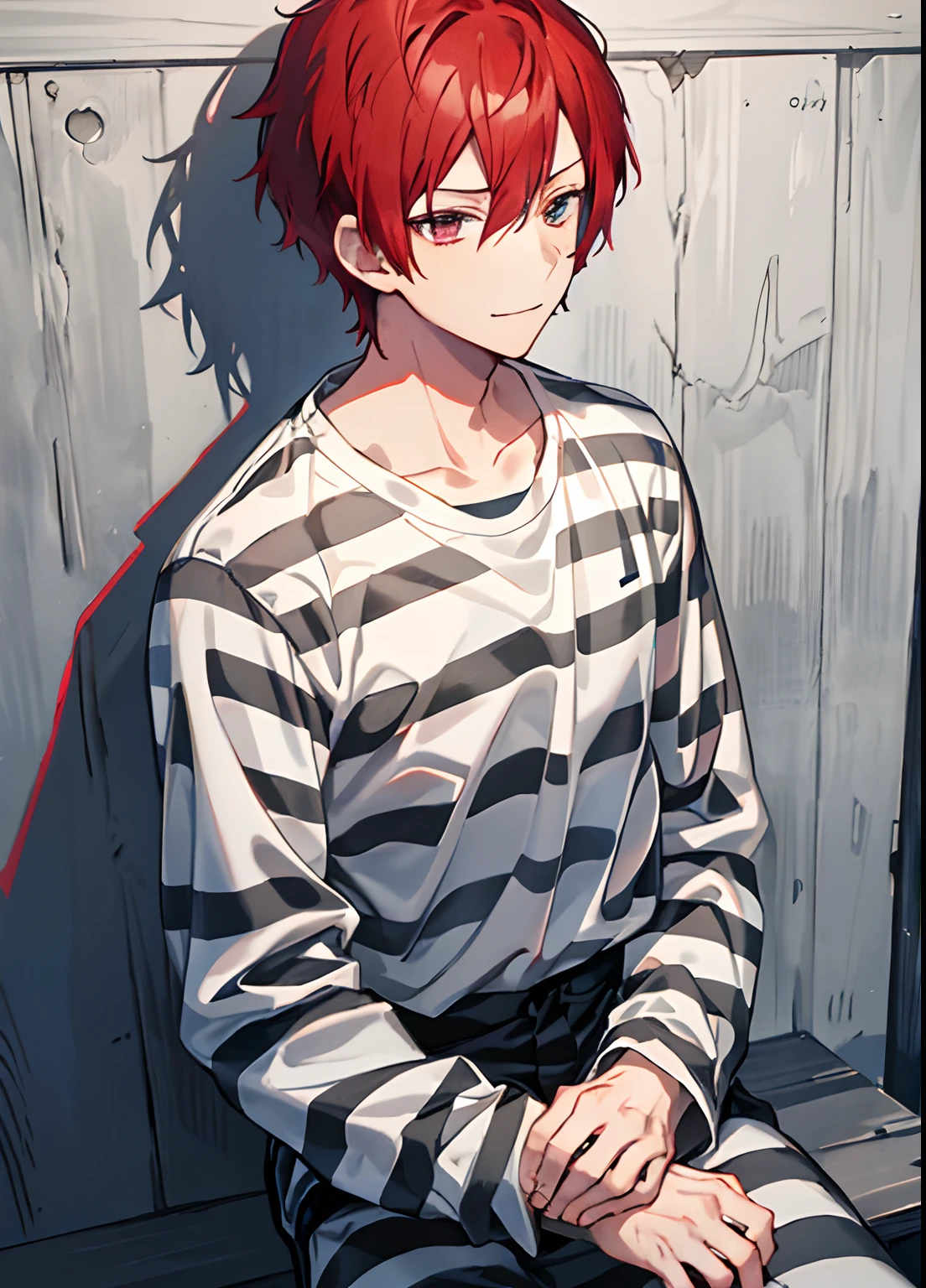 1boy, Handsome man,  Solo,Very short red hair, red hair, up looking_で_viewer, ((masutepiece,Best Quality)), Beautiful detailed eyes, beautifull detailed face、Sleepy face、sleepy expression、A slight smile, (((priclothes))), (((striped clothes))), shirt, outfit, (long sleeves), prisoner, clothes, clothing, black and white stripes, prison cell, young, buttons,