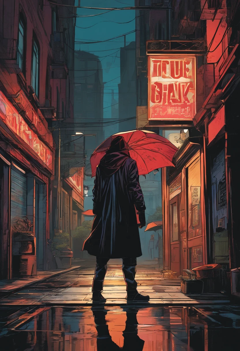 Location: Set the scene in a gritty, rain-soaked urban alleyway. Emphasize the contrast between the dark, wet pavement and the neon signs in the background, casting an eerie glow. Character Style: Render our hero with meticulous attention to detail. Their sleek black costume should have a slightly reflective sheen, and the crimson mask should appear both mysterious and iconic. Style Suggestion: Use deep, moody colors with a focus on shadows and reflections to create a noir-inspired atmosphere.
