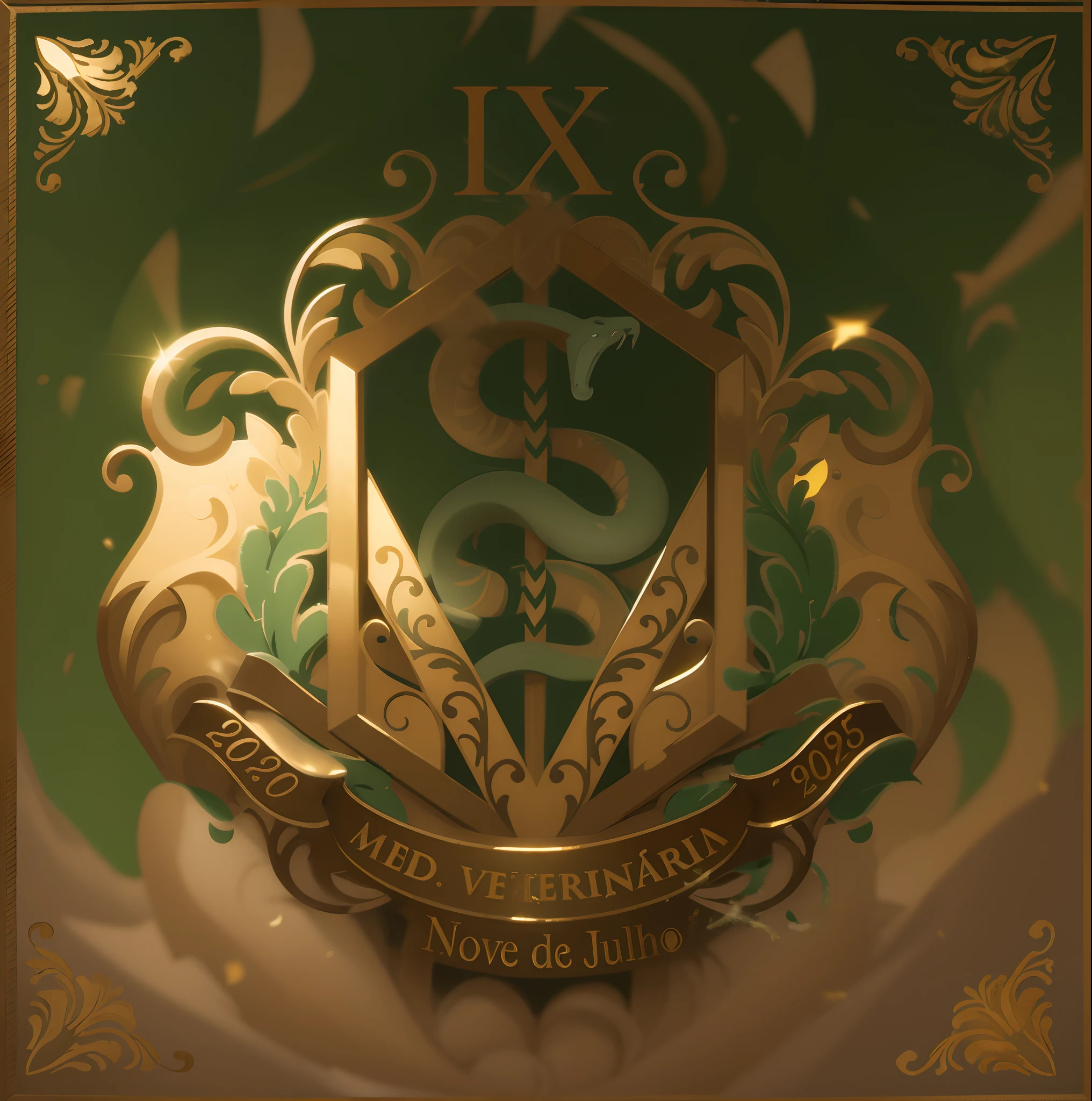 Create a veterinary medicine coat of arms that stands out for its unique and attractive details. Incorporate elements that represent dedication to animal health and welfare, as well as medical expertise. Use como cores verde, gold and white to convey a sense of passion and dedication. Include the symbol that is already in use. Add bay leaves around the coat of arms. No centro, posicionar uma cobra com o corpo enrolado em torno de um cajado, with the letter 'V' formed by Greek beams behind the snake. Em cima do palito, Coloque uma pedra verde esmeralda, brilhante e vivo. Make sure the stick floats vertically. Use um simples, Golden frame around the coat of arms, com as folhas de louro tecidas na moldura.