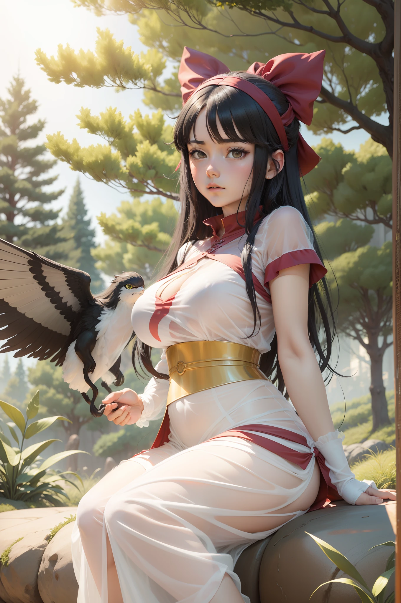 black color hair, surrealism, Ghibli-like colors, Ghibli-like colors, anime big breast, Standing painting, angle of view, foreshortening, foreshortening, 8K, Super detail,Woman with full breasts,See-through installation,see-through transparent clothes