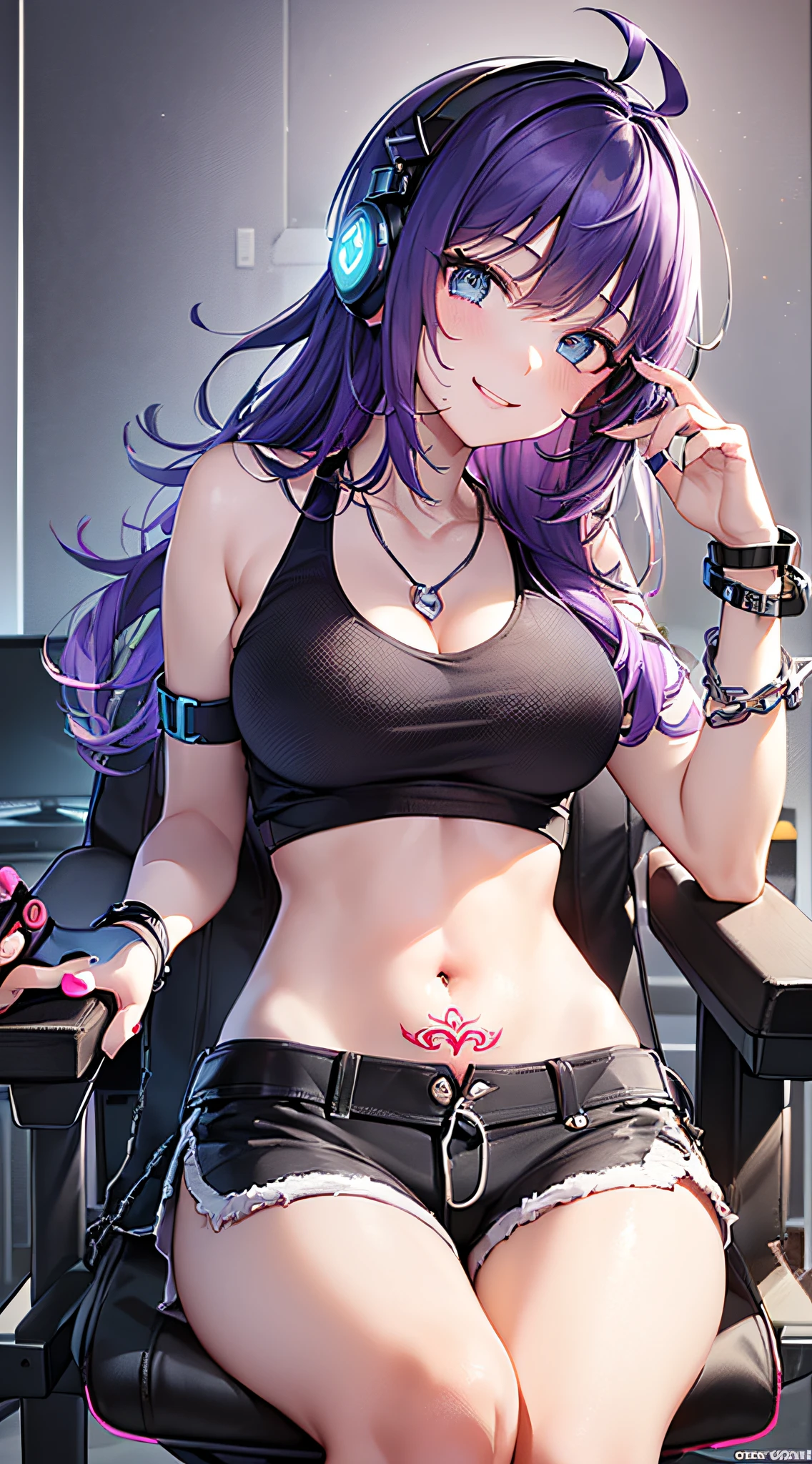 top-quality、Top image quality、​masterpiece、girl with((18year old、Cool hat、Tattoo on the right shoulder、Black Navel Tank Top、White shorts、Best Bust、Bust 85、Purple hair、Longhaire、Blue eyes、open chest wide、Happiness、Chain Accessories、Black wristband on wrist、sit a chair、A slender、A smile、Have a controller、sexypose、gaming headphone、)）hiquality、American comic book style、Background with((Neon colored room、Gaming PC、Gaming Desk、Gaming Chair、Gaming bed、gaming console))、masutepiece、Depth(lightning bolt)