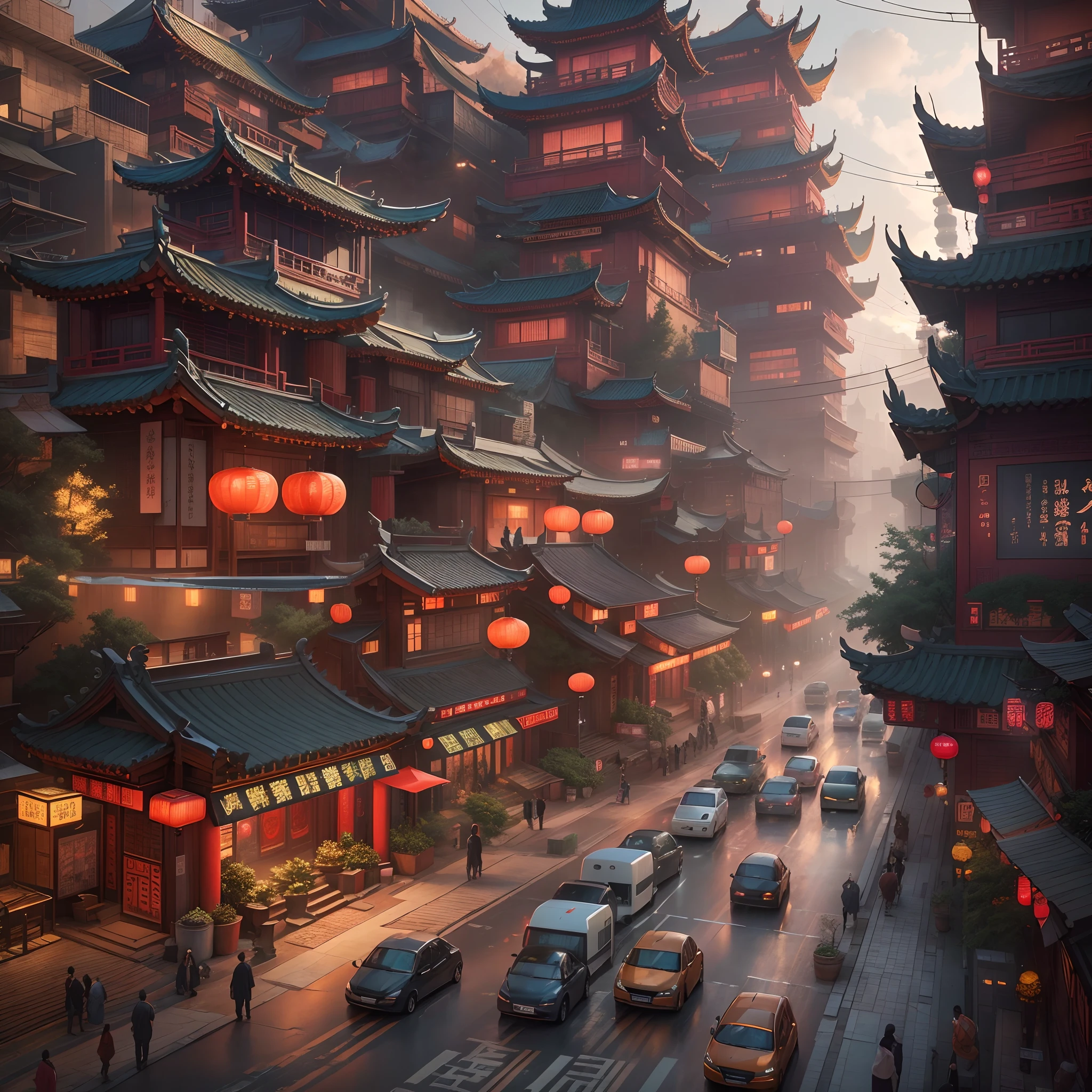 (Best quality,4K,8K,A high resolution,Masterpiece:1.2),Ultra-detailed,(Realistic,Photorealistic,photo-realistic:1.37),(Wide-angle lens),hdr,hyper HD,Ultra-fine painting,Sharp focus,Physically-based rendering,Extreme detail description,professional,Vivid colors,(A city where traditional Chinese elements and futuristic technological architecture are harmoniously integrated),Traditional Chinese symbols are integrated into modern architecture,Cubist road traffic,Traditional Chinese patterns,Innovative energy,Giant LED screens blend into the cityscape,High-tech large-scale art installation,A fusion of ancient tradition and cutting-edge technology,