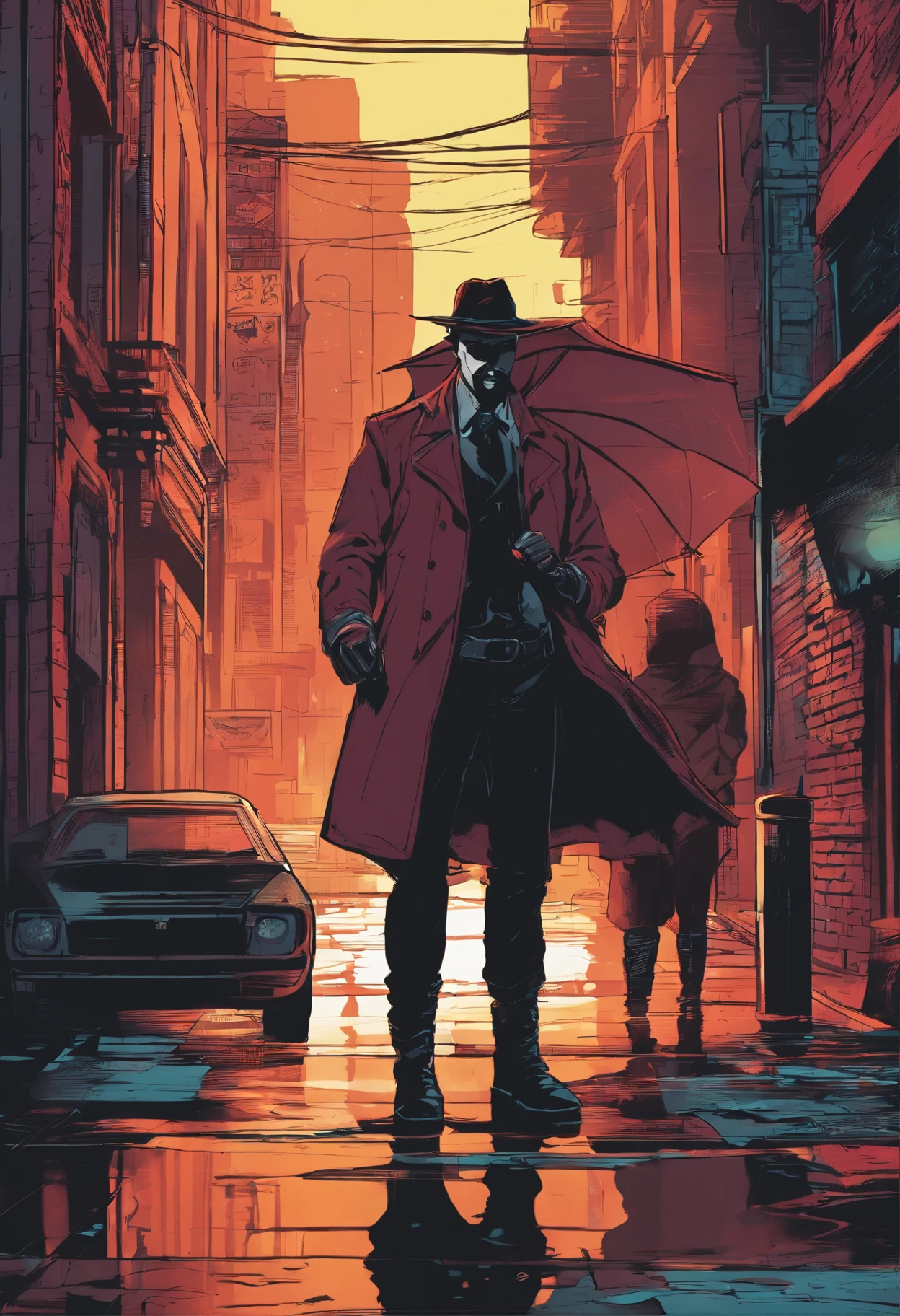 Location: Set the scene in a gritty, rain-soaked urban alleyway. Emphasize the contrast between the dark, wet pavement and the neon signs in the background, casting an eerie glow. Character Style: Render our hero with meticulous attention to detail. Their sleek black costume should have a slightly reflective sheen, and the crimson mask should appear both mysterious and iconic. Style Suggestion: Use deep, moody colors with a focus on shadows and reflections to create a noir-inspired atmosphere.
