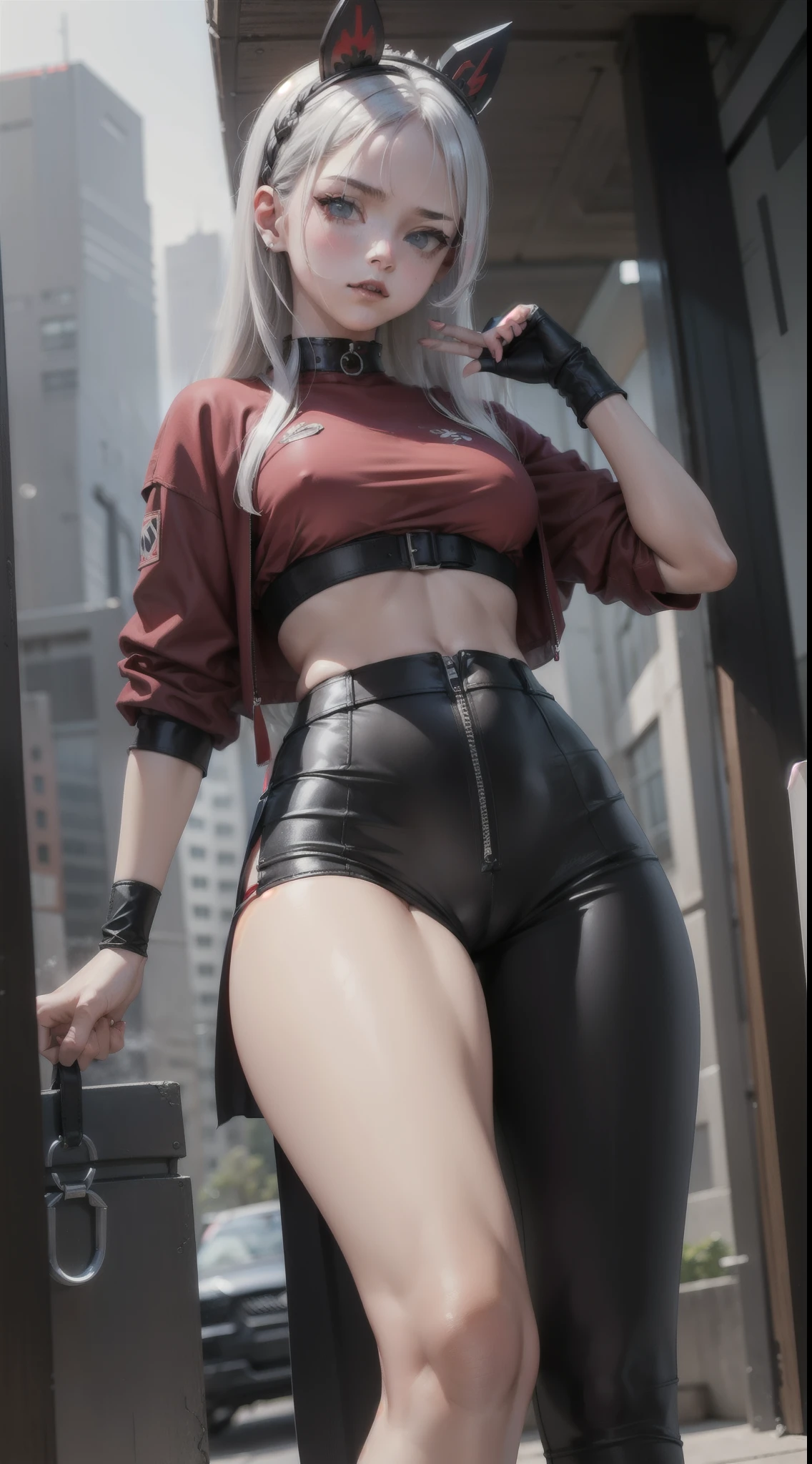 Uma garota de 15 anos samurai vestindo um top fitness estilo cyberpunk, cobrindo seu corpo com um casaco vermelho grande, wearing a pair of black and red cyberpunk style pants, seu cabelo esta preso com uma fita preta como um longo rabo de cavalo, His eyes show loneliness, the color of your eyes is blood red, Around it there are many futuristic buildings and lights, esta ventindo sandalias grossas emborrachadas preta, next to him a boy with medium-sized white hair, seu cabelo esta preso com uma tiara vermelha, usando uma camisa colada estilo cyberpunk de cor branca, His pants are wide and bulky white in color with red accents, seus olhos sao vermelhos como sangue, maximo de detalhe no rosto, esta usando sandalias grossas branca emborrachada, Maximum detail in the hands, epic stark lighting, melhor qualidade possivel, maximo de detalhe nas roupas.