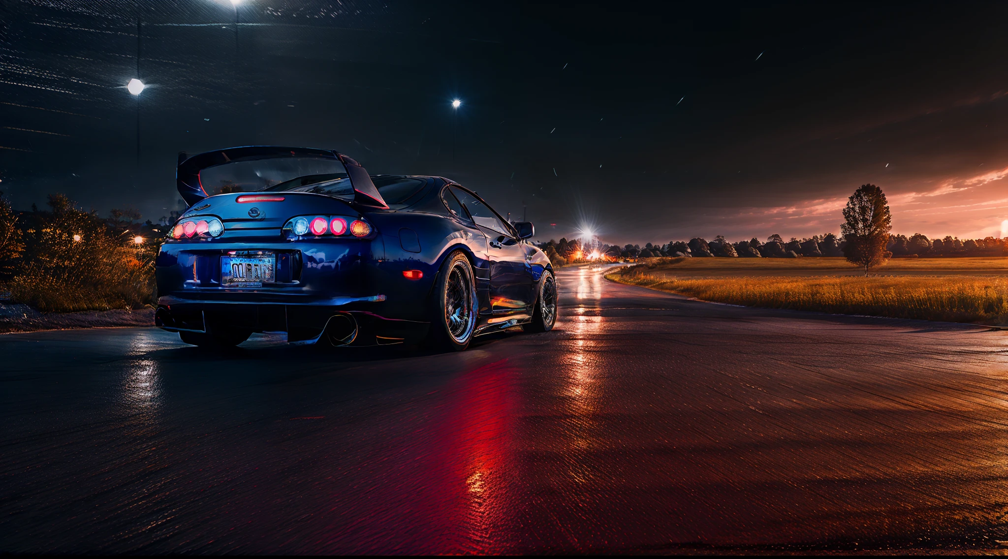 (STANCE), masterpiece,best quality,official art,extremely detailed CG unity 8k wallpaper,illustration, light,car, bright, sports car, vehicle focus, road, ((need for speed)),((NFS)), moving, wet, (((night, midnight))),neon lights,drift,  (MARKII)