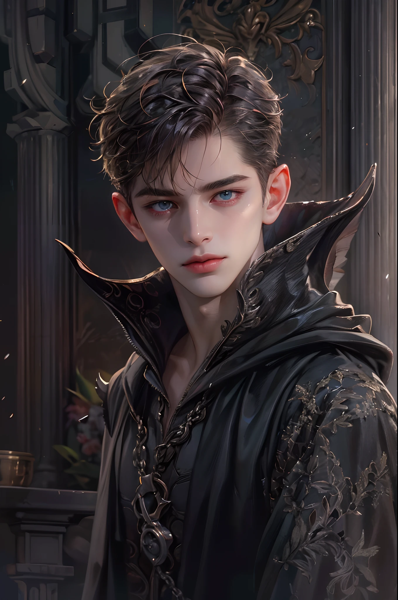 (absurdres, highres, ultra detailed, HDR), masterpiece, best quality, 1 boy , maleficent movie, boy character ,short hair, handsome face, anime eyes,detailed interior, detailed character