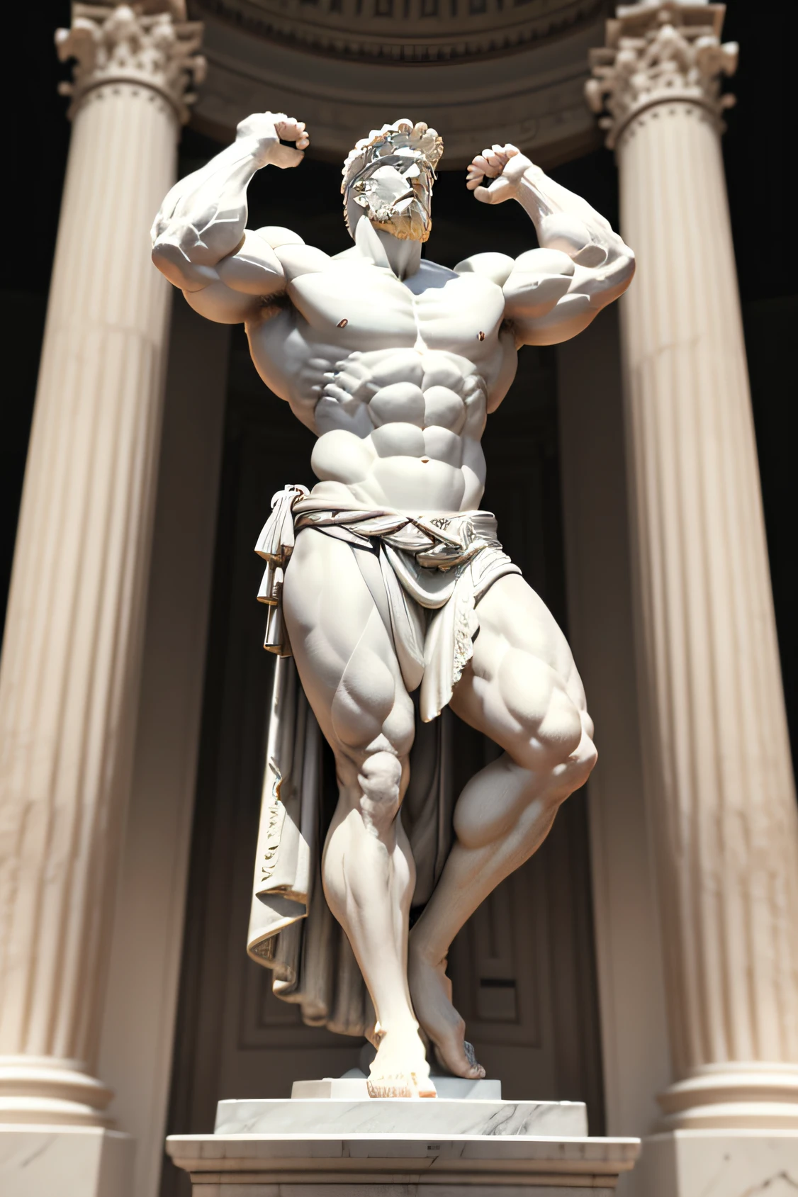 4k rendering of a Roman Greek statue of a strong man with a muscular and well-defined body. The statue is made of white marble and has a black background. He's on his feet, with arms raised at the side of his head. Your muscles are tense and your face is expressing determination.