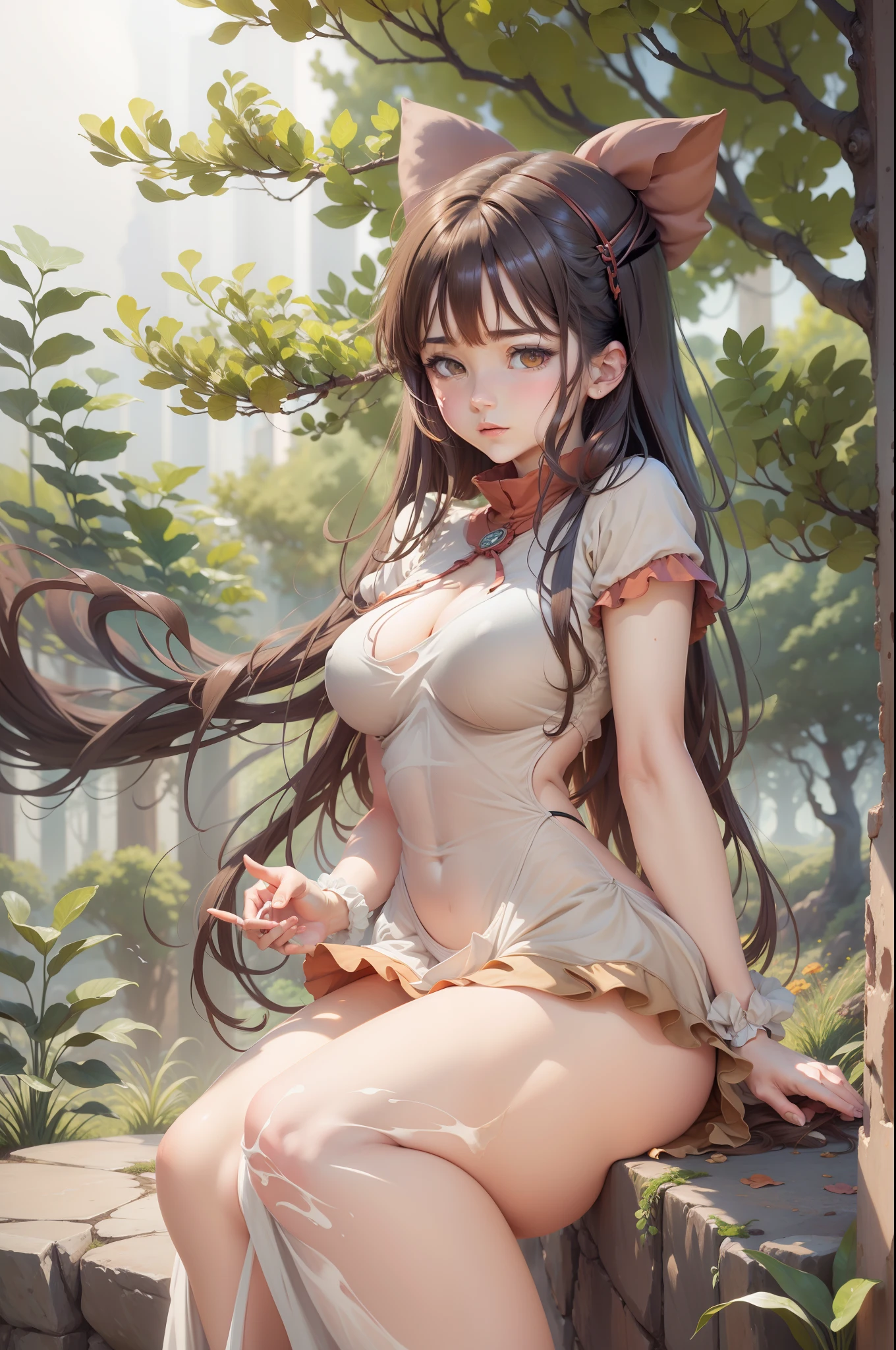 Brown hair, surrealism, Ghibli-like colors, Ghibli-like colors, anime big breast, Standing painting, angle of view, foreshortening, foreshortening, 8K, Super detail,Woman with full breasts