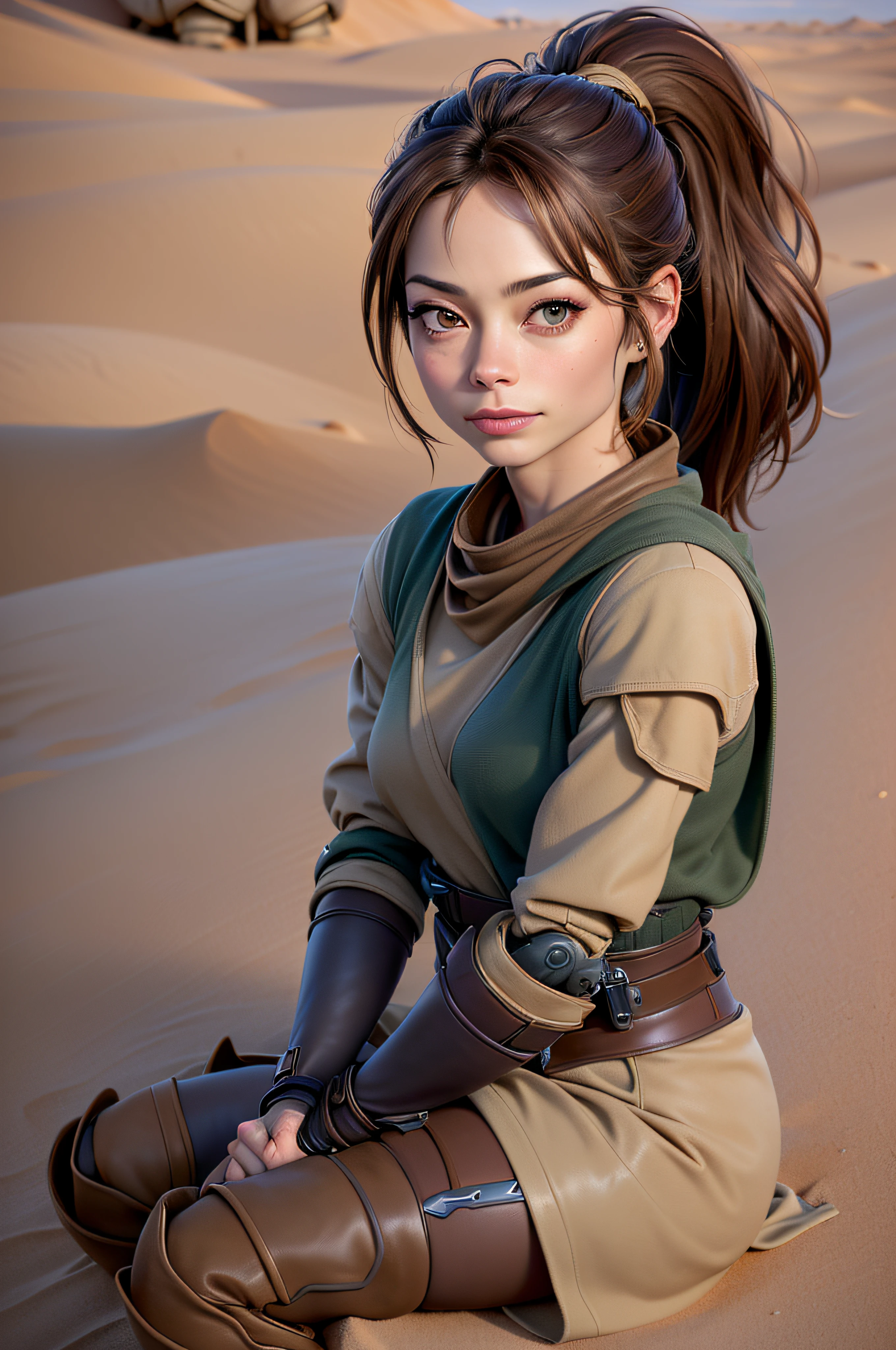Best quality, best lighting, 1Kristin Kreuk, brune avec ponytail et des yeux verts, dressed as a Jedi (en brun, sable et couleurs blanches) avec des bottes en cuir marron, sitting on a dune in the desert near a robot. roches, Science-fiction, action, sable.