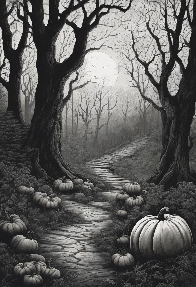 black and white ink drawing of pumpkin in a gloomy forest.forest hollow,night time,no cat make trees on left and right curve tword each other