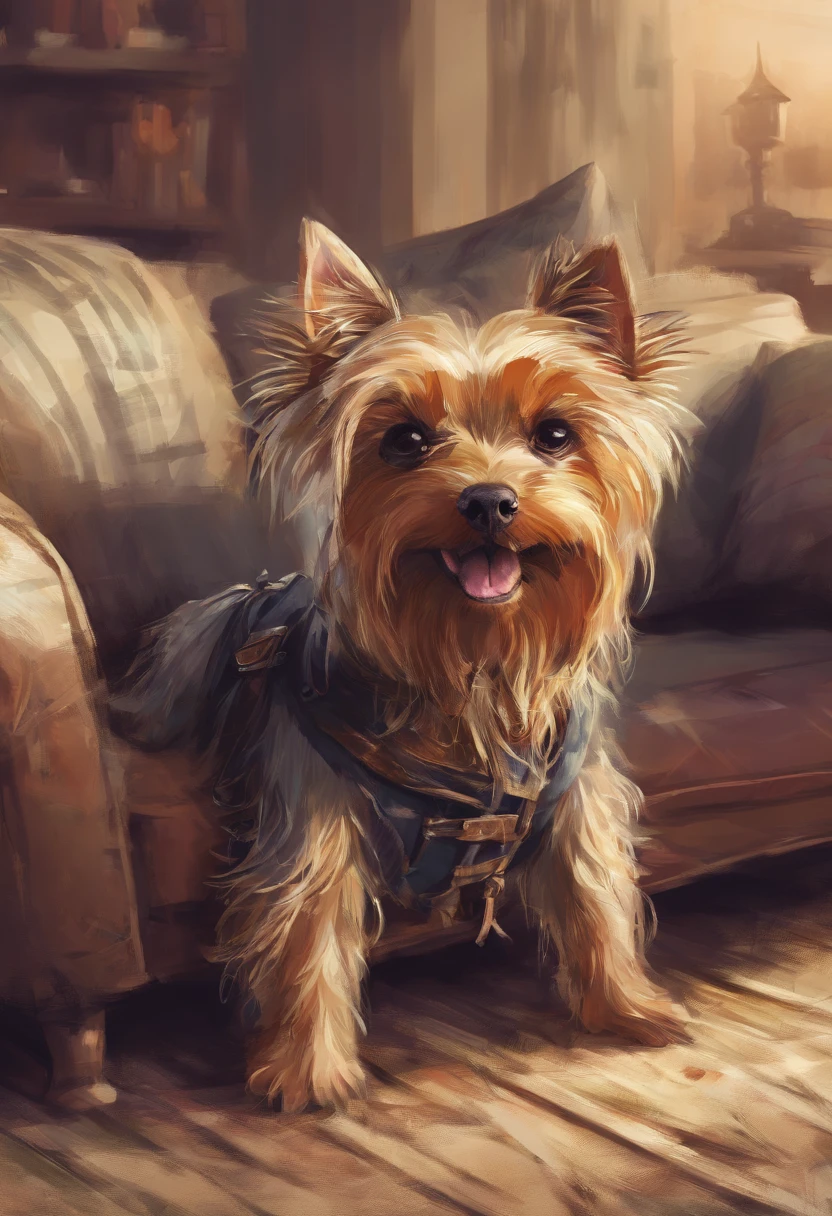 um yorkishire terrier mastigando, gnawing on a sofa