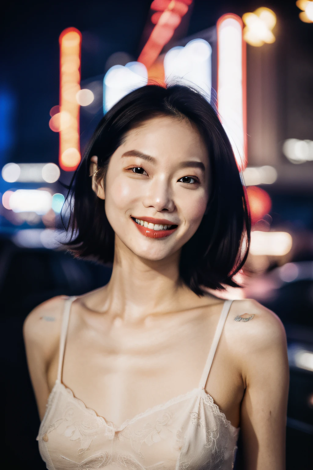 1girl, idol, model, depth of field, photo, film, face, skinny, smile, collarbone,  teeth, movie, camisole, selfie, night,