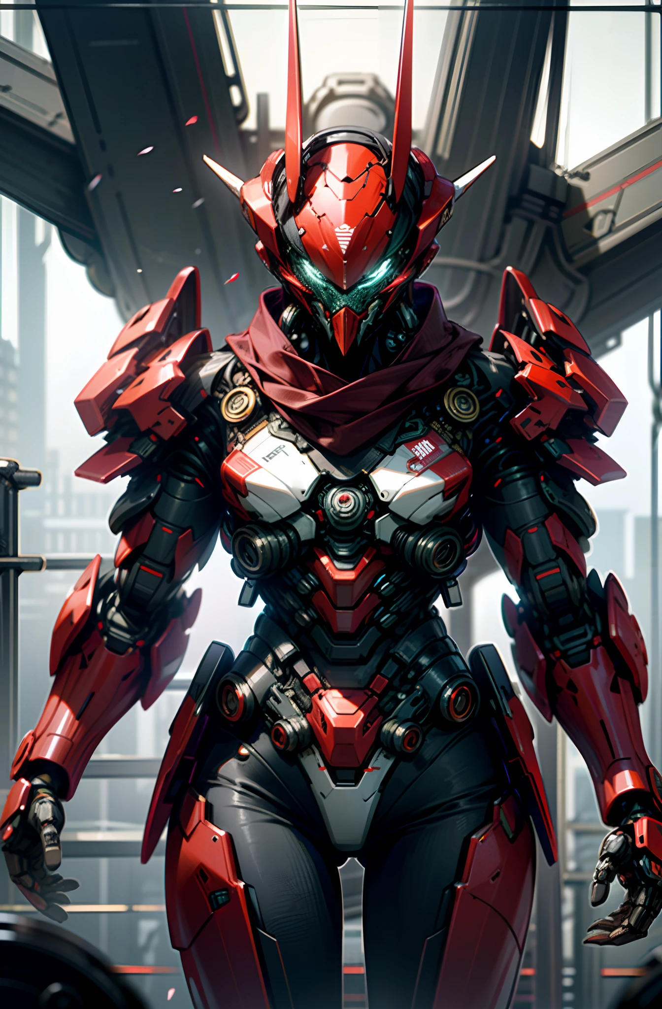 Dark_Fantasy,Cyberpunk,1man Mechanical marvel,robotic presence,Cybernetic assasin, assassin mechanical armour, absolutely stunning art,wearing a scarlet red scarf, highest quality art, highest resolution, hyper detailed,black and red, futuristic, assassin robot, atmospheric,8k,64k, HD, unparalleled masterpiece, dynamic lighting, cinematic, epic