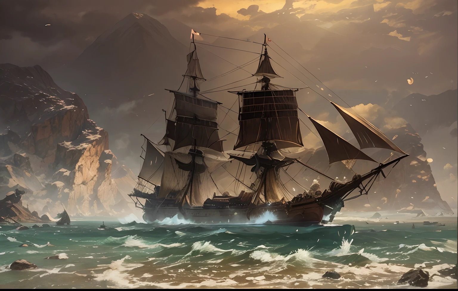 An ancient ship . Sailing over sea.  Background mountains.  Dystopian art