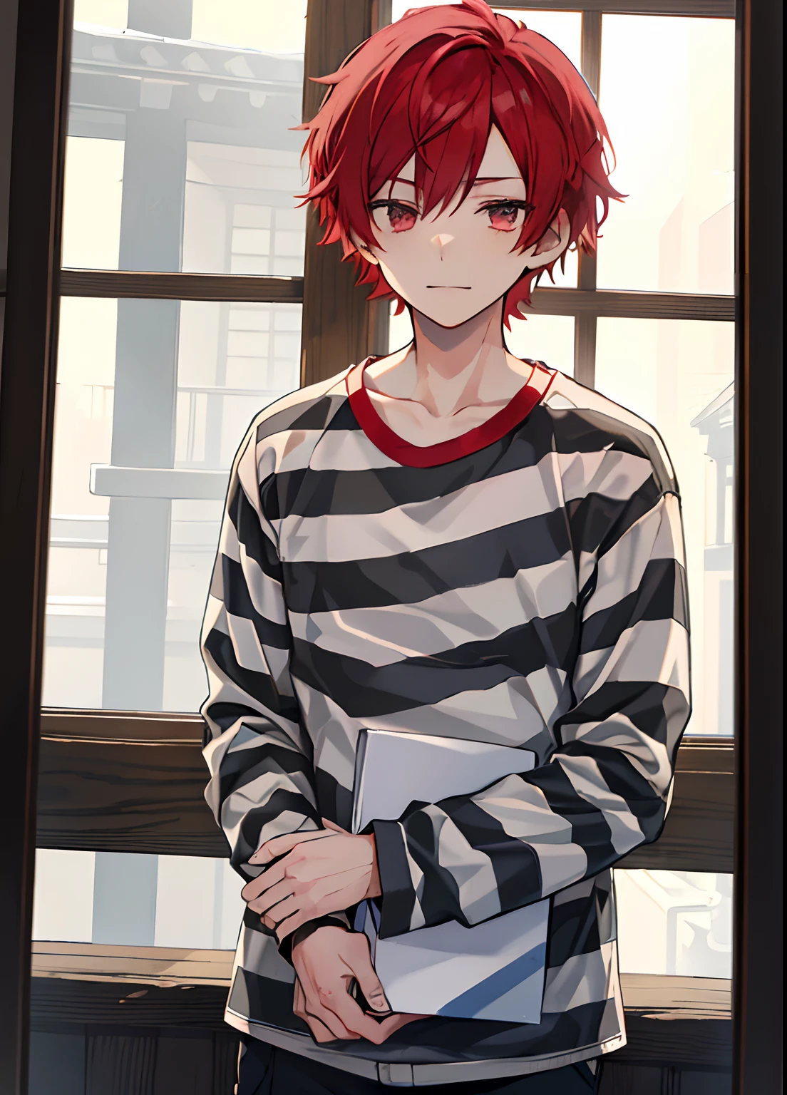 1boy, Handsome man, Solo,Very short red hair, red hair, up looking_で_viewer, ((masutepiece,Best Quality)), Beautiful detailed eyes, beautifull detailed face、Sleepy face、sleepy expression、A slight smile, (((priclothes))), (((striped clothes))), shirt, outfit, (long sleeves), prisoner, clothes, clothing, black and white stripes, prison cell, young