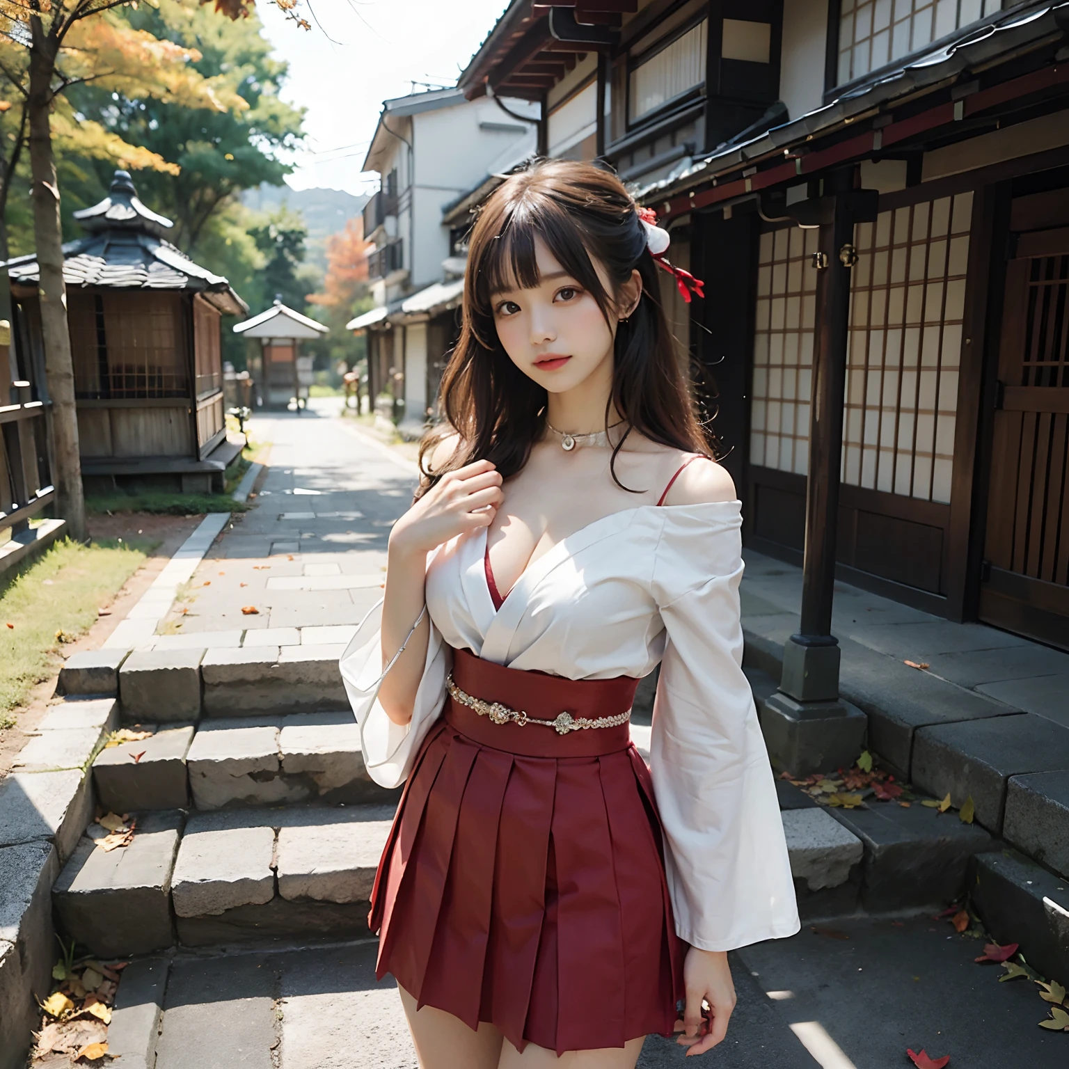Woman in red skirt and white shirt is taking pictures, japanese girl school uniform, hakama kimono, Japan school uniform, Collar white and red, A Japanese style, Red kimono, Japanese style, traditional japanese, Wearing Hakama, japanese kimono,Autumn leaves in the background,Autumn outdoor background ，Ultra-high image quality，No bra，feet visible ，You can see the valley ，cleavage of the breast ，Furisode ，Wide sleeves ，Wearing a priestess uniform ，shoulders can be seen ，Shoulder skin is visible ，Shoulders exposed ，wide open legs ，Opening legs ，M-shaped legs
