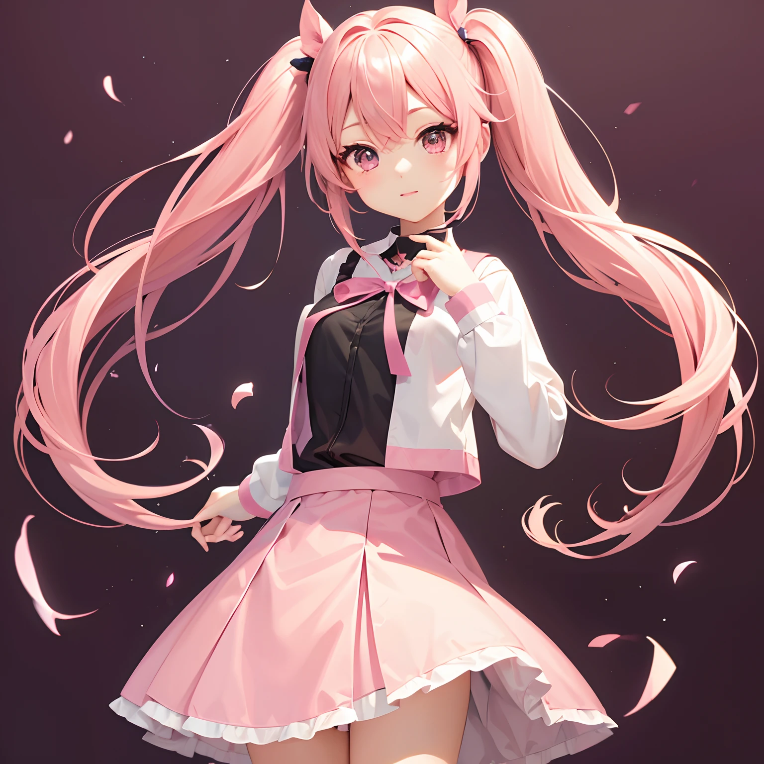 Very cute and (Beautiful Chibi Anime Girl), Solo, Simple background, Beautiful twin tails*Pink* hair,  Beautiful detailed *Pink* High School Uniform, Full body, Standing, high detailed face and *Pink* Eyes, Clearly outlined