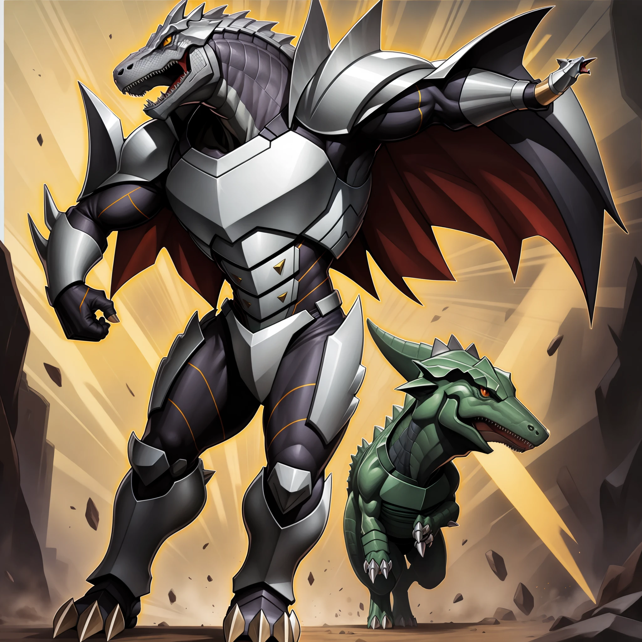 sentai villain, t-rex, monster, metal hero, dinosaur, saurian, clothed, armored, anthro, cape, standing