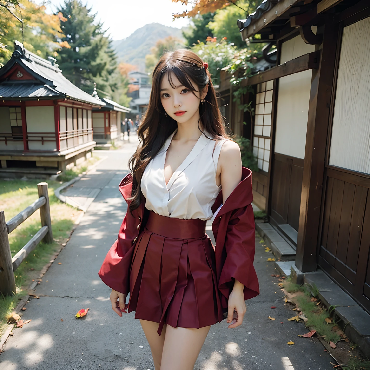 Woman in red skirt and white shirt is taking pictures, japanese girl school uniform, hakama kimono, Japan school uniform, Collar white and red, A Japanese style, Red kimono, Japanese style, traditional japanese, Wearing Hakama, japanese kimono,Autumn leaves in the background,Autumn outdoor background ,Ultra-high image quality,No bra,feet visible ,You can see the valley ,cleavage of the breast ,Furisode ,Wide sleeves ,Wearing a priestess uniform ,shoulders can be seen ,Shoulder skin is visible ,Shoulders exposed ,wide open legs ,Opening legs ,M-shaped legs