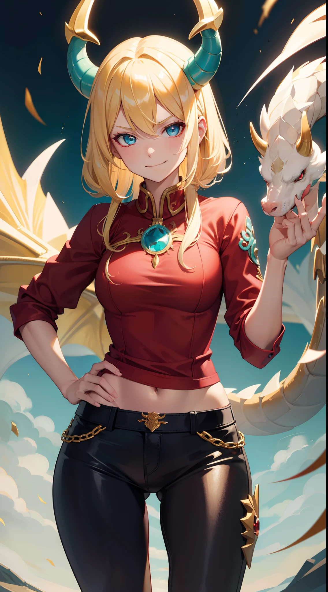 young girl, longue blonde hair, barrette, turquoise eyes, dragon tattoo, dragon horns, Red tight shirt, Gold Elements, pants, open thighs, claws, smirk, Masterpiece, hiquality, 4k, HD, Good detail
