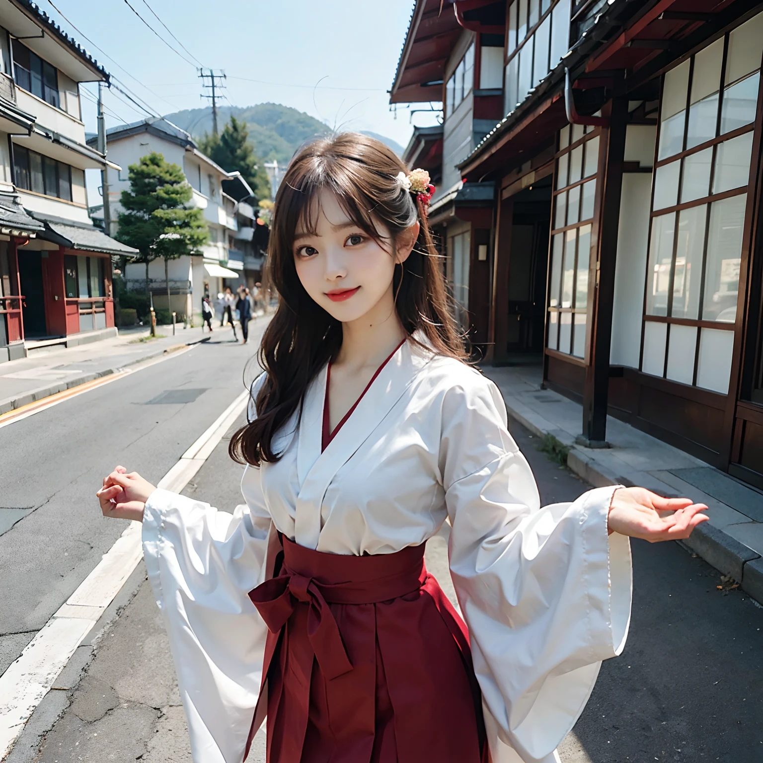 Woman in red skirt and white shirt is taking pictures, japanese girl school uniform, hakama kimono, Japan school uniform, Collar white and red, A Japanese style, Red kimono, Japanese style, traditional japanese, Wearing Hakama, japanese kimono,Outdoor background,Beautiful building on background, Ultra-high image quality,No bra,feet visible ,You can see the valley ,cleavage of the breast ,Furisode ,Wide sleeves ,Wearing a priestess uniform ,Chest revealed ,The chest is visible ,japanes ,Natural smile ,wide open legs ,Opening legs