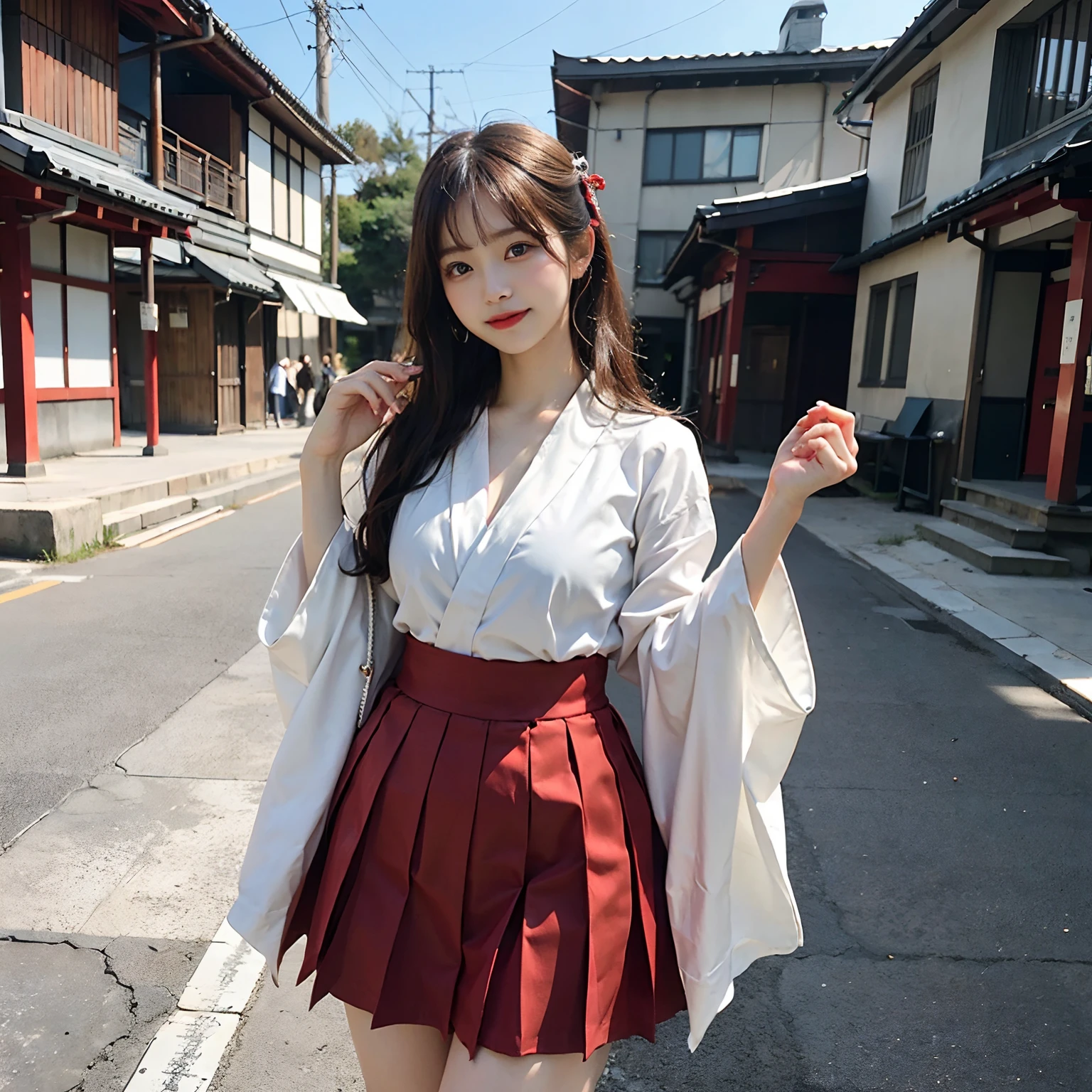 Woman in red skirt and white shirt is taking pictures, japanese girl school uniform, hakama kimono, Japan school uniform, Collar white and red, A Japanese style, Red kimono, Japanese style, traditional japanese, Wearing Hakama, japanese kimono,Outdoor background,Beautiful building on background, Ultra-high image quality,No bra,feet visible ,You can see the valley ,cleavage of the breast ,Furisode ,Wide sleeves ,Wearing a priestess uniform ,Chest revealed ,The chest is visible ,japanes ,Natural smile ,wide open legs ,Opening legs