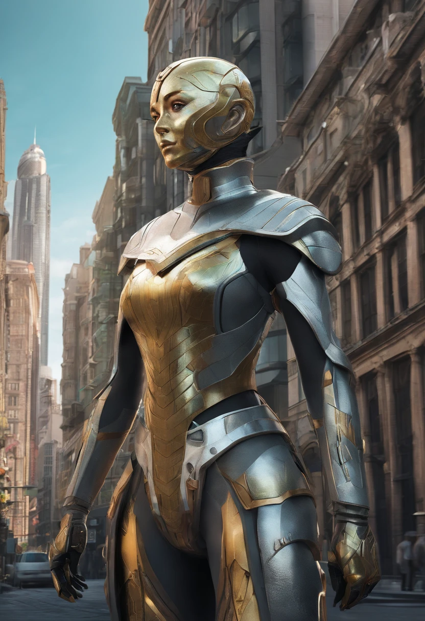 Generate a normal-sized image of a female human female，with dark hair tied up in a bun, She is a solarpunk-inspired eco-street guardian knight in city streets. The Guardian wears futuristic lightweight solar-filled projectile armor with a golden sheen. A star-shaped badge is visible on the chest. Her face was revealed, Show a determined expression when walking among pedestrians. The existence of the Guardians is proportional to the size of the human race, Not towering over the surroundings, And her armor did not grow out of plants. The cities around her are lush, Eco-friendly plant-covered metropolis，Seamless integration into the building using advanced solar technology. The Guardians embody the spirit of sustainability and conservation in this utopian urban environment.