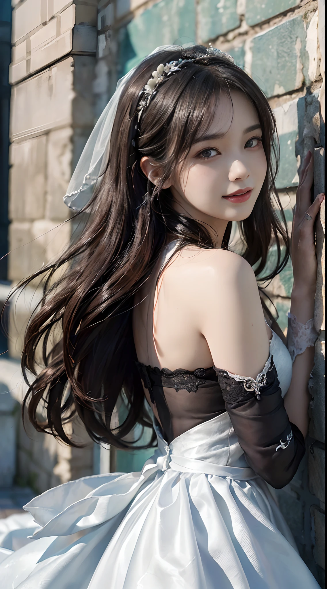 (ultra-realistic realism)、(illustratio)、(A high resolution)、(8K)、(The is very detailed)、(Best Illustration)、(Beautifully detailed eyes)、(top-quality)、(ultra - detailed)、(tmasterpiece)、(the wallpaper）、（A detailed face）、独奏、1 girl in、looking at viewert、finedetail、A detailed face、in the darkness nigth、deep shading、low tune、pureerosfaceace_V1、A smile、Long、Black shawl straight hair、46-point diagonal bangs,　（Silk dress、long  skirt）(cropped shoulders）The view of the castle、、Stand against the wall，white wedding gown，full bodyesbian，Model figure，Model action