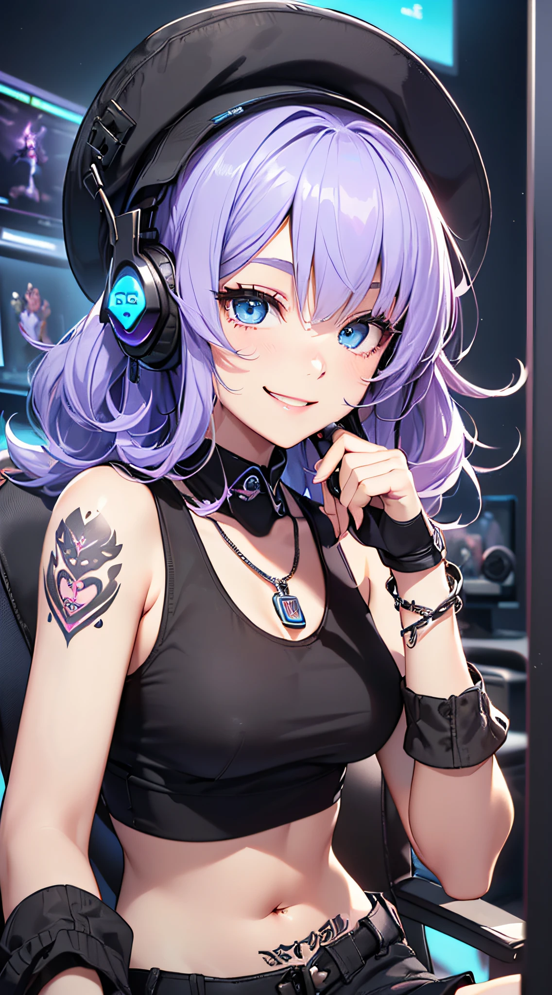 top-quality、Top image quality、masterpiece、girl with((18year old、Cool hat、Tattoo on the right shoulder、Black Navel Tank Top、White shorts、Best Bust、Bust 85、Purple hair、Longhaire、Blue eyes、open chest wide、Happiness、Chain Accessories、Black wristband on wrist、sit a chair、A slender、A smile、Have a controller、sexypose、gaming headphone、))hiquality、visualart、Magazine cover style、Background with((Neon colored room、Gaming PC、Gaming Desk、Gaming Chair、Gaming bed、gaming console))、masutepiece、Depth(lightning bolt)
