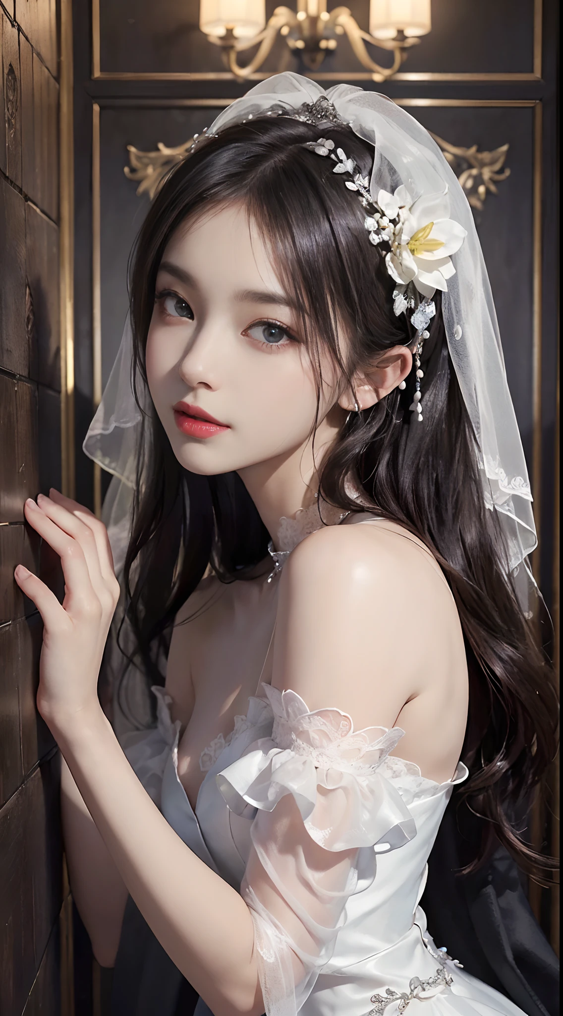 (ultra-realistic realism)、(illustratio)、(A high resolution)、(8K)、(The is very detailed)、(Best Illustration)、(Beautifully detailed eyes)、(top-quality)、(ultra - detailed)、(tmasterpiece)、(the wallpaper)、(A detailed face)、独奏、1 girl in、looking at viewert、finedetail、A detailed face、in the darkness nigth、deep shading、low tune、pureerosfaceace_V1、A smile、Long、Black shawl straight hair、46-point diagonal bangs, (Silk dress、long skirt)(cropped shoulders)The view of the castle、、Stand against the wall,white wedding gown,full bodyesbian,Model figure,Model action