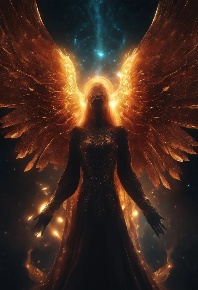 Cosmic Fallen Angel, glowing light eyes, Biomechanical, eerie, Creepy, nightmarish, Very bright colors, Light particles, with light glowing, Mshiv, wallpaper art, UHD wallpaper