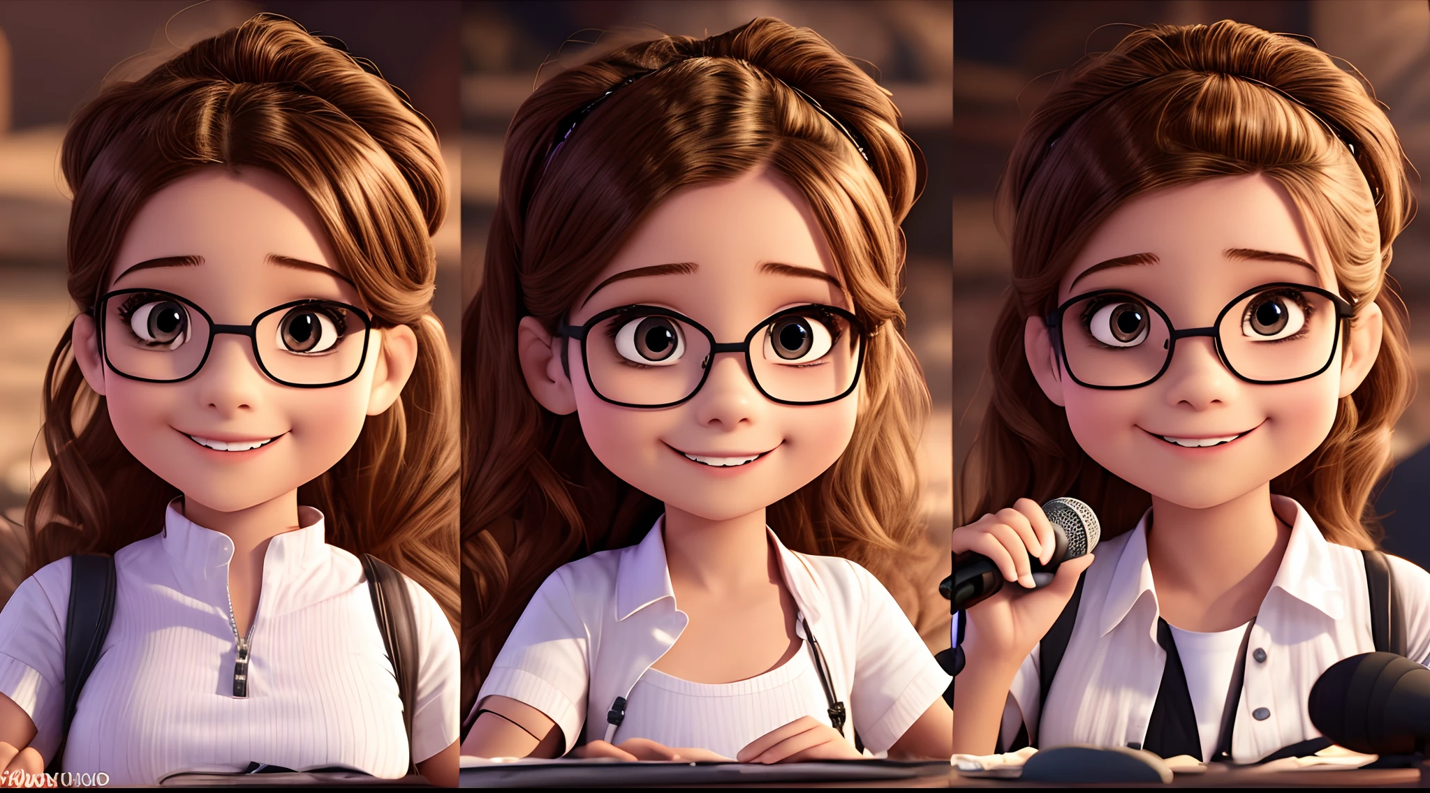 Create an animated image of an adorable 3D avatar of a reporter wearing black glasses, posicionado no meio da tela, com fundo branco, various positions, holding a microphone with a mischievous look and an expression of one who is sharing an animated gossip, personagem 3d cute, personagem 3d cabelos curtos, olhos arredondados, franjinha, nerd fofoqueiro