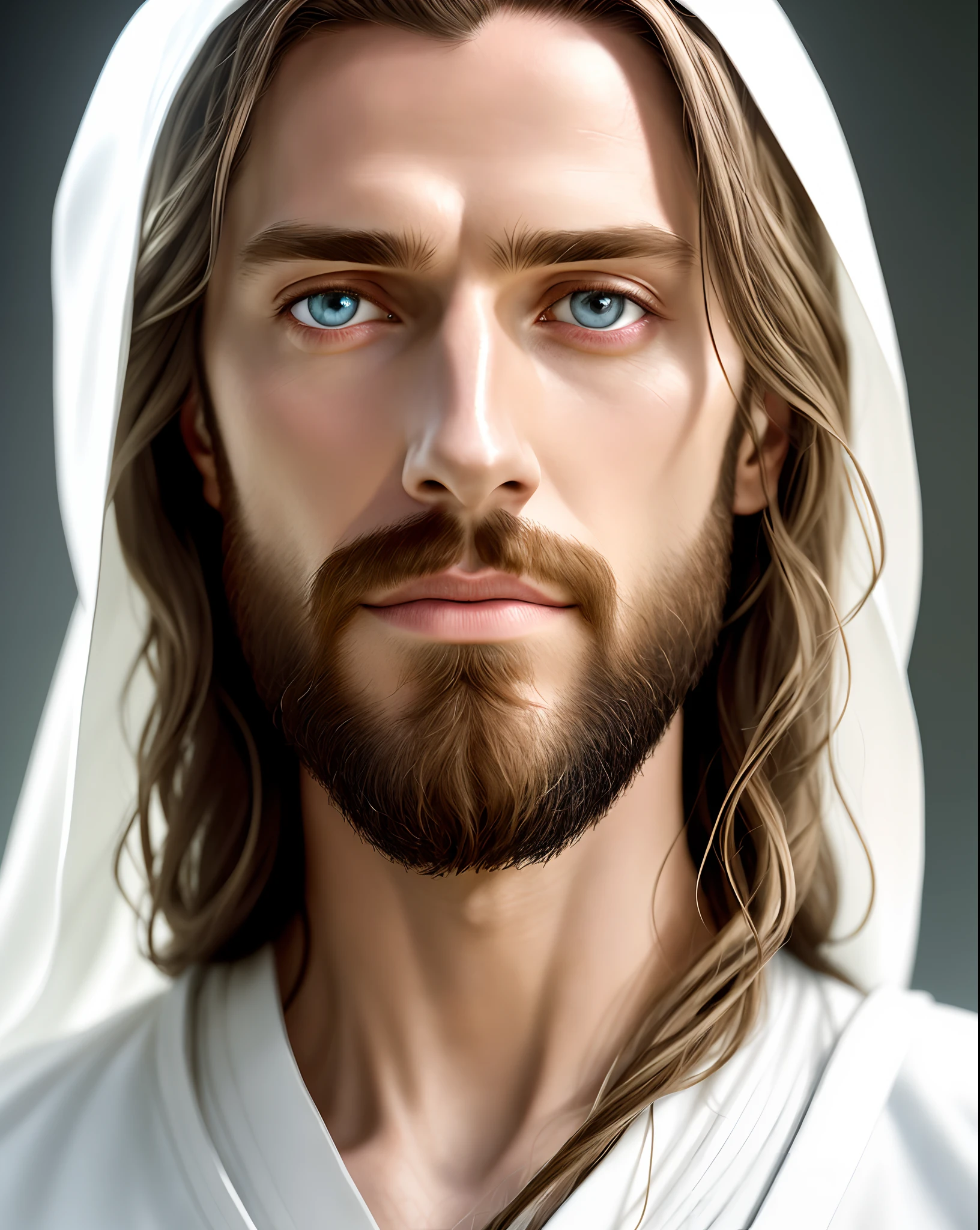 (symmetry),centered,a ((close)) up portrait,(Jesus),a very thin white man with long hair and a beard,wearing a long white robe,35mm,natural skin,clothes  detail, 8k texture, 8k, insane details, intricate details, hyperdetailedhighly detailed,realistic,soft cinematic light,HDR,sharp focus, ((((cinematic look)))),intricate, elegant, highly detailed