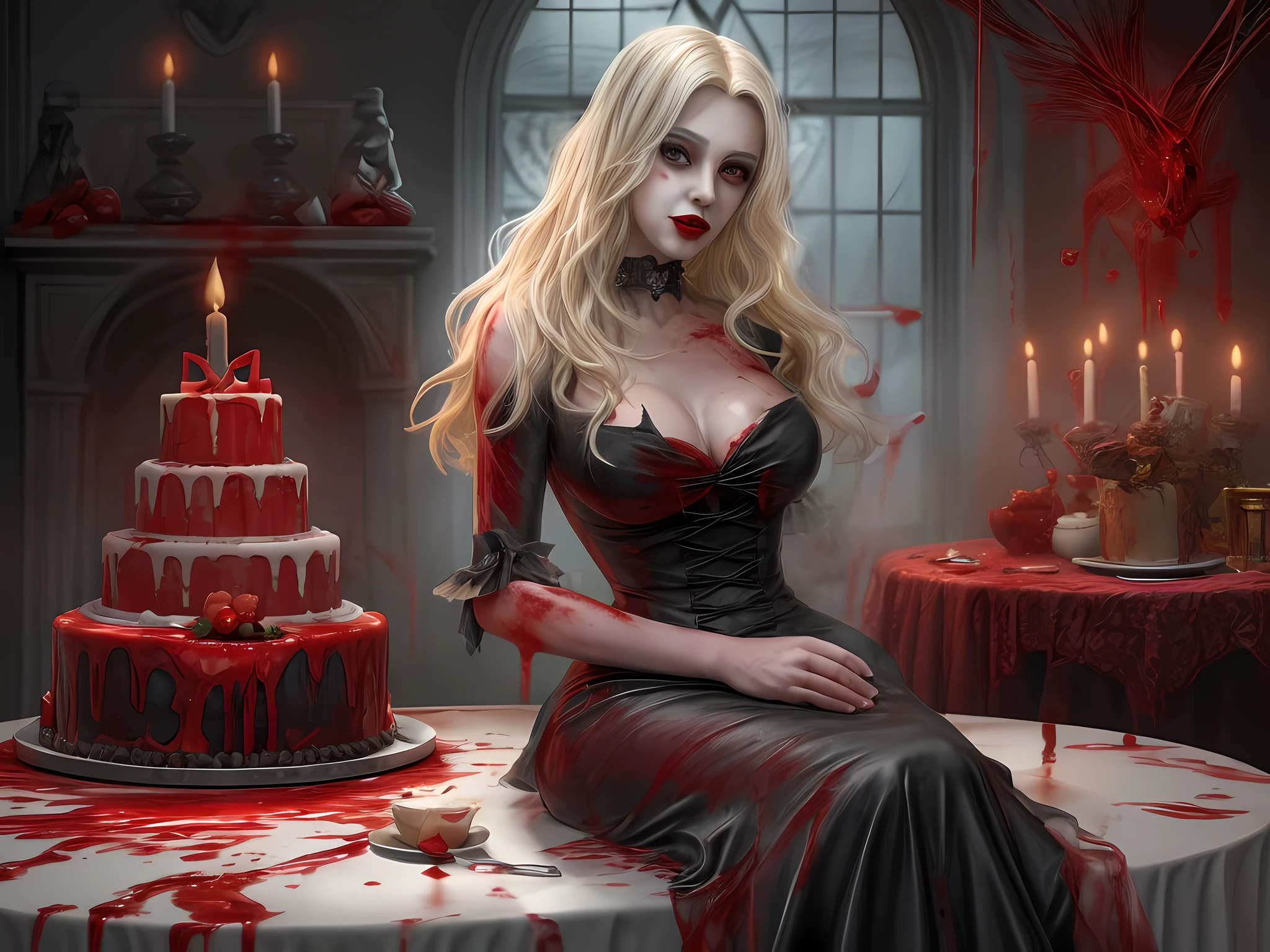 a  picture of extremely (beautiful (1) female vampire: 1.4) looking at (red MasterChef style cake: 1.5), an exquisite (1) beautiful vampire, full body, ultra feminineת (ultra detailed face: 1.2), blond hair, short hair, pale skin, red lips, blue eyes, (vampiric fangs: 1.2) wearing sexy white seductive latex dress, blood stains on the dress, looking at a red Bakeoff, award winning cake, 2 floors, decorated with red whipped cream, and artful stylish decorations, blood dripping from the cake, dark castle style kitchen background, dim candles light, dark fantasy art, gothic art, dynamic angle, best details, best quality, 16K, [ultra detailed], masterpiece, best quality, (ultra detailed), full body, ultra wide shot, photorealistic,