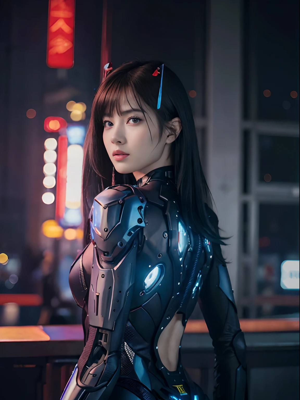 （Fight against mechanical robot soldiers）、top-quality、​masterpiece、超A high resolution、(Futuristic machine gun、holding knive),（Wearing a futuristic sun visor）、(Photorealsitic:1.4)、Raw photo、女の子1人、Black hair、glowy skin、((1 Mechanical Girl))、((super realistic details))、portlate、（Small LED lamp）、Wire tubes that glow all over the body、(With state-of-the-art weapons),globalillumination、Shadow、octan render、8K、Armpit、ultrasharp、Colossal tits、Small LED lamp、Raw skin is exposed in cleavage、metals、blood vessels connected to tubes、With weapons、Red bodysuit、Armpit、Cyberpunk city background、Details of complex ornaments、Japan details、highly intricate detail、Realistic light、CGSoation Trends、Blue eyes、radiant eyes、Facing the camera、neon details、（Helmet of the Brave）、Mechanical limbs、blood vessels connected to tubes、Mechanical vertebrae attached to the back、mechanical cervical attaching to neck、Wires and cables connecting to the head、Gundam、Small LED lamp、Toostock、Toostock、Futuristic machine gun、Knives、