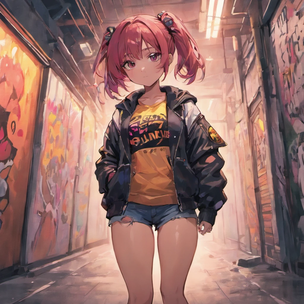 (best quality), big head, face happiness, (short girl with huge breasts:1.2) dark skinned girl in a punk outfit in a graffiti street, from back, slightly chubby, two toned hair, beanie with a skull logo, wide hips, big butt, thick thighs, gyaru