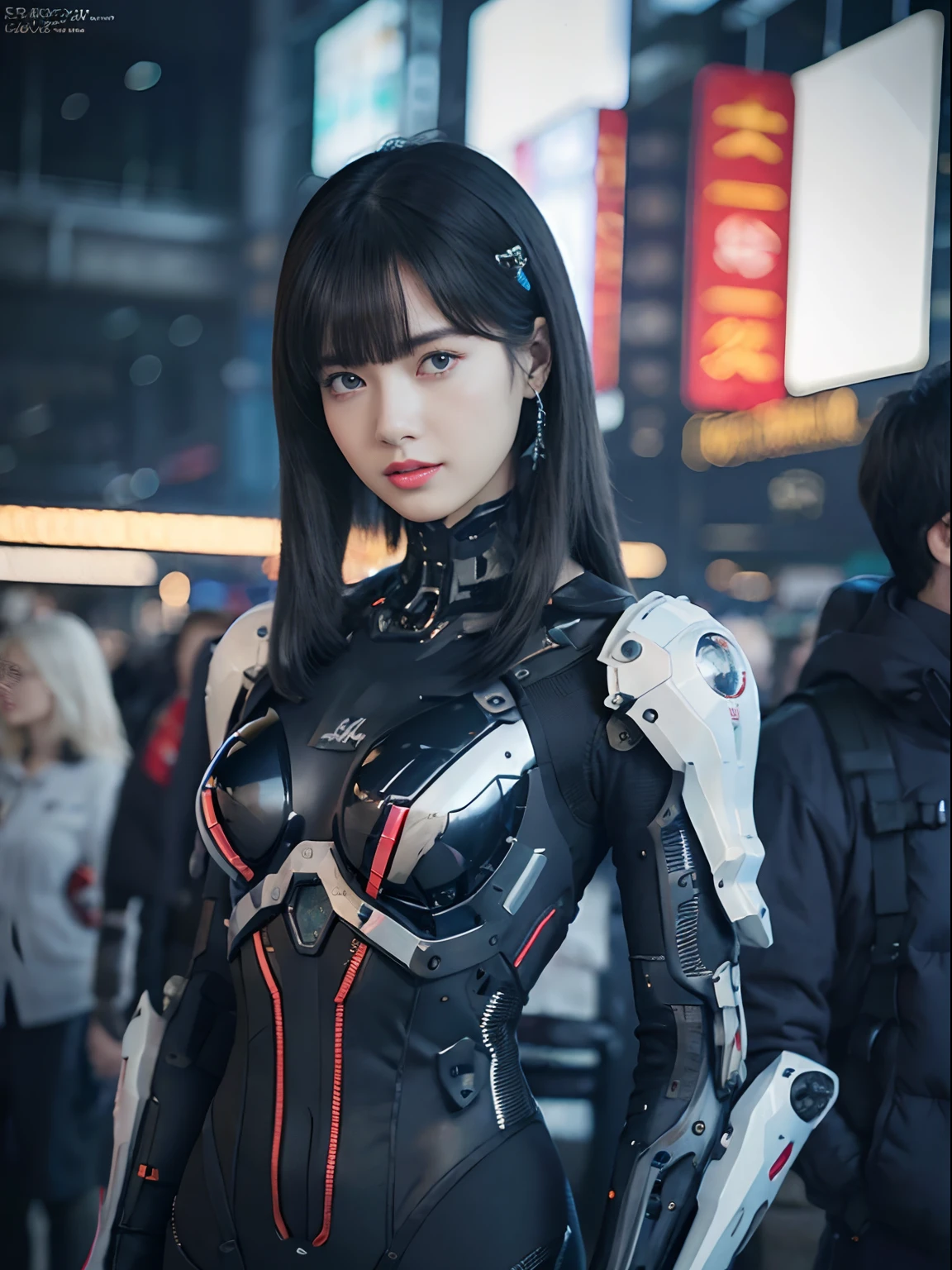 （Fight against mechanical robot soldiers）、top-quality、​masterpiece、超A high resolution、(Futuristic machine gun、holding knive),（Wearing a futuristic sun visor）、(Photorealsitic:1.4)、Raw photo、女の子1人、Black hair、glowy skin、((1 Mechanical Girl))、((super realistic details))、portlate、（Small LED lamp）、Wire tubes that glow all over the body、(With state-of-the-art weapons),globalillumination、Shadow、octan render、8K、Armpit、ultrasharp、Colossal tits、Small LED lamp、Raw skin is exposed in cleavage、metals、blood vessels connected to tubes、With weapons、Red bodysuit、Armpit、Cyberpunk city background、Details of complex ornaments、Japan details、highly intricate detail、Realistic light、CGSoation Trends、Blue eyes、radiant eyes、Facing the camera、neon details、（Helmet of the Brave）、Mechanical limbs、blood vessels connected to tubes、Mechanical vertebrae attached to the back、mechanical cervical attaching to neck、Wires and cables connecting to the head、Gundam、Small LED lamp、Toostock、Toostock、Futuristic machine gun、Knives、