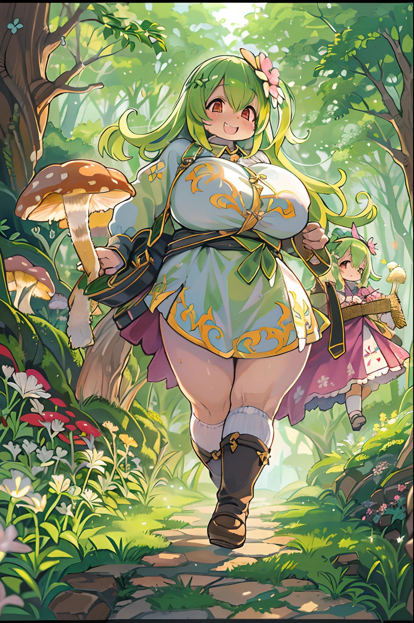 eyesight, (Three Lolitas: 2) Stable diffusion is the best image quality, morning sunlight, Spring landscape, Dew and flowers, flying hair, Live in a fairytale dreamland with mushrooms, trip, Running, and laughing. forest pathway,huge-breasted、bbw,Large Thigh