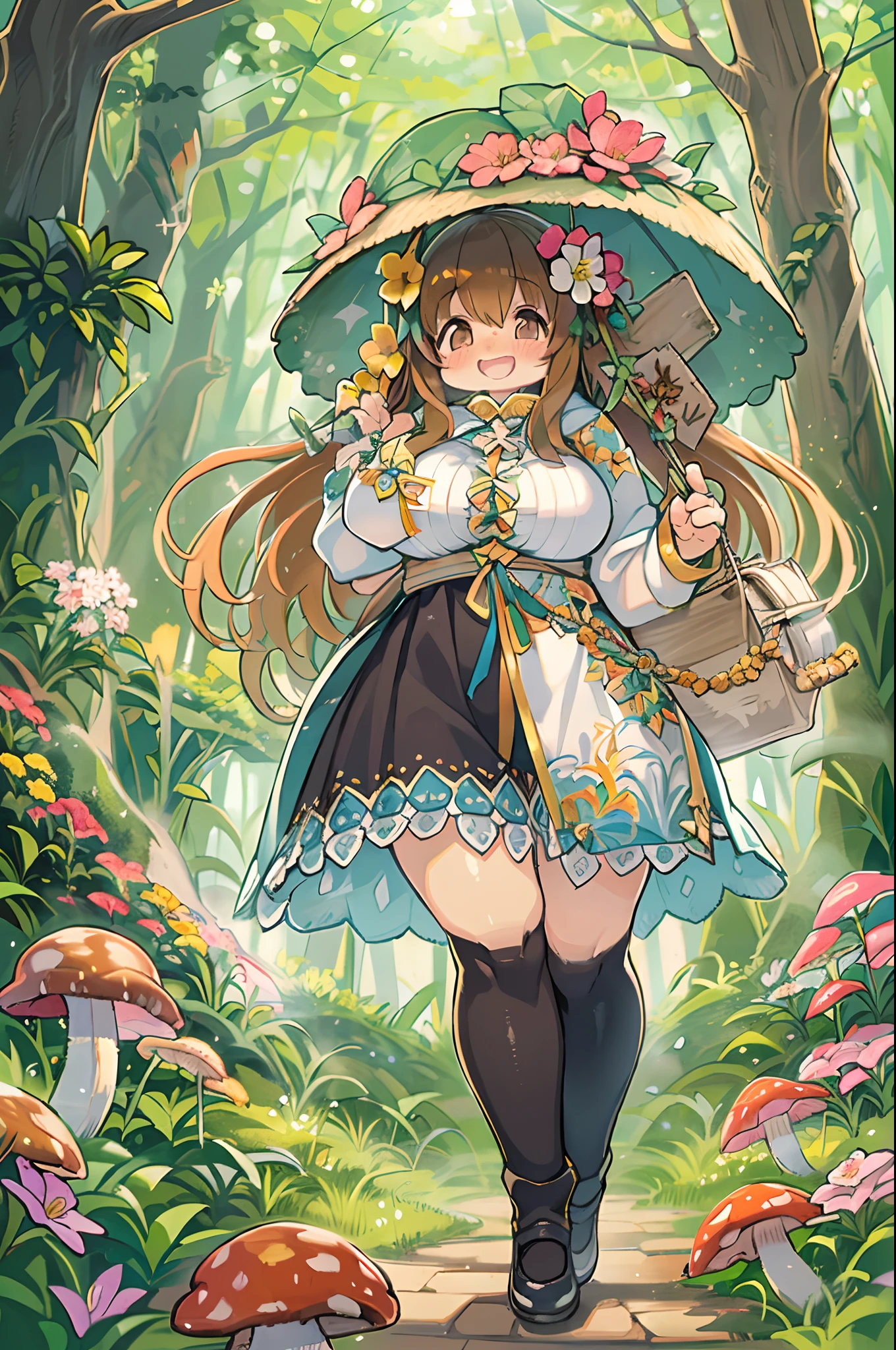 eyesight, (Three Lolitas: 2) Stable diffusion is the best image quality, morning sunlight, Spring landscape, Dew and flowers, flying hair, Live in a fairytale dreamland with mushrooms, trip, Running, and laughing. forest pathway,huge-breasted、bbw,Large Thigh