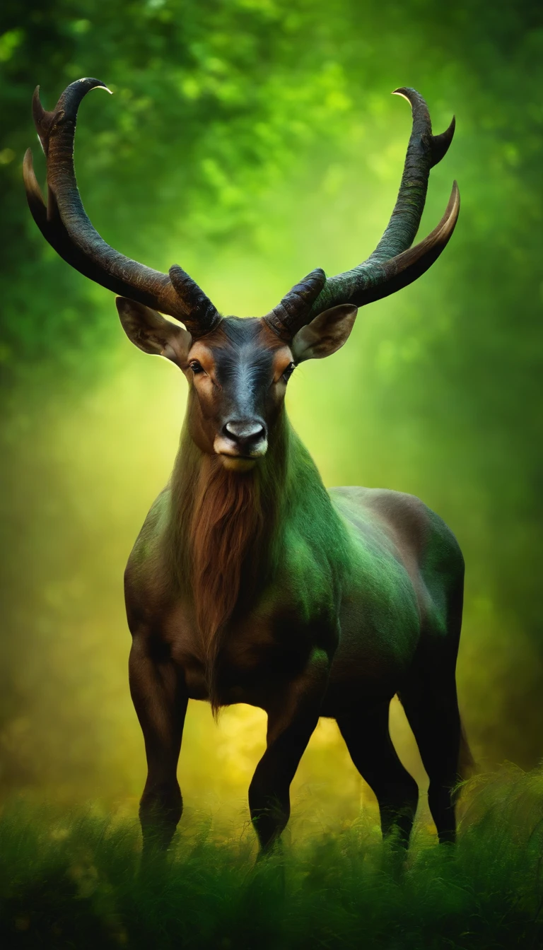 taur,The horns are patterned,There is the aura of the Holy Spirit on his body,Surrounded by fairy mist,On green grass,strong,Standing tall,mito,fantasy,Very mysterious