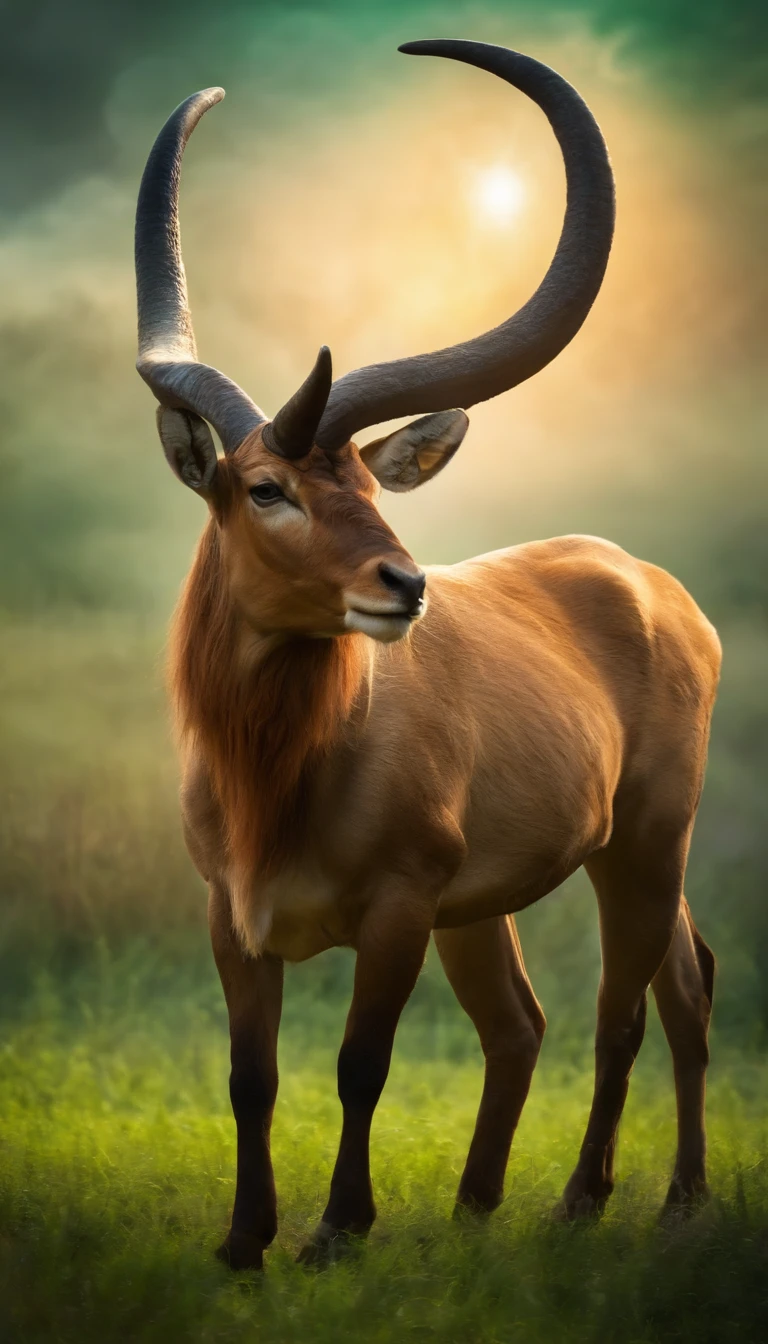 taur，The horns are patterned，There is the aura of the Holy Spirit on his body，Surrounded by fairy mist，On green grass，strong，Standing tall，mito，fantasy，Very mysterious