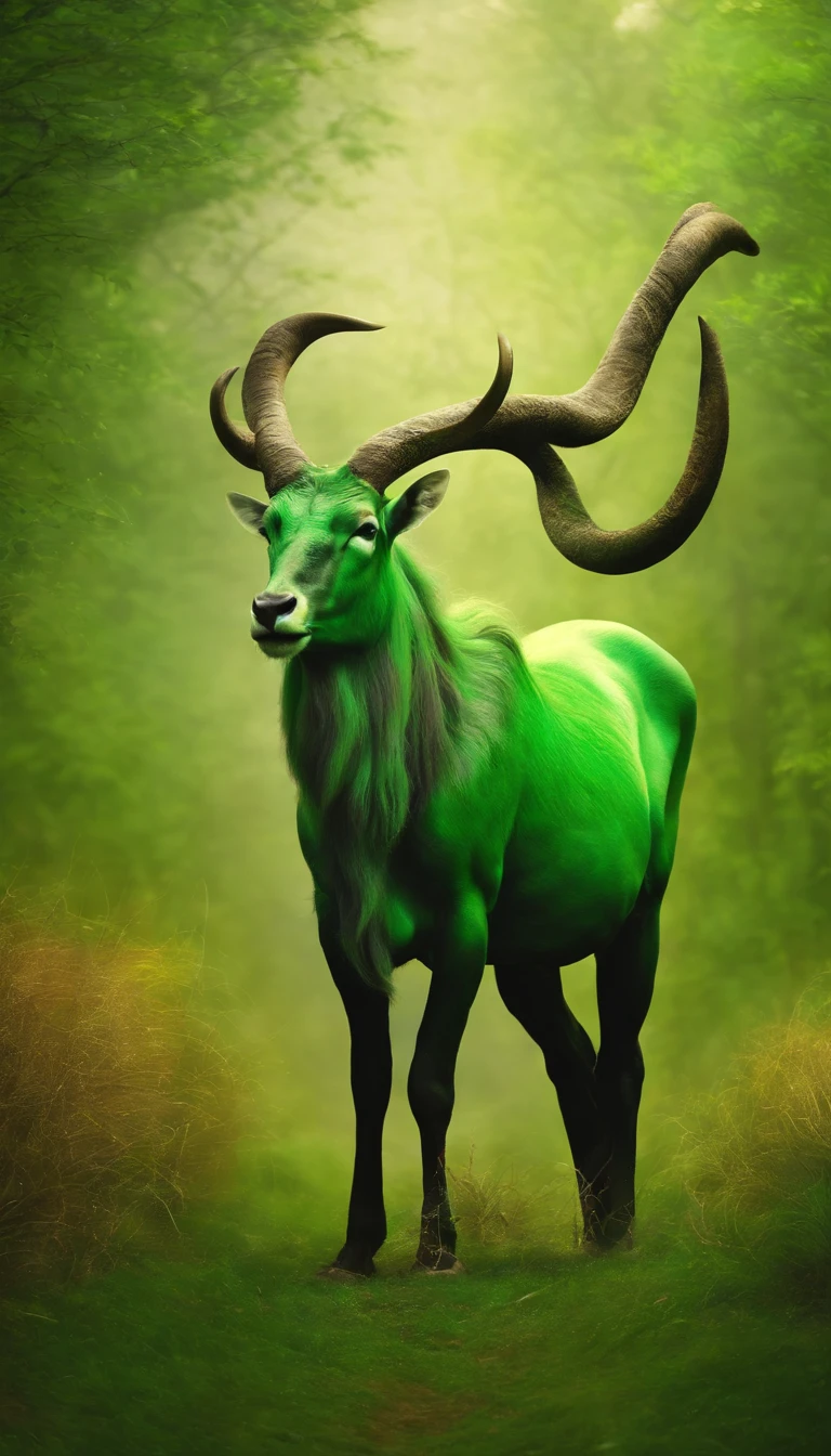 taur，The horns are patterned，There is the aura of the Holy Spirit on his body，Surrounded by fairy mist，On green grass，strong，Standing tall，mito，fantasy，Very mysterious