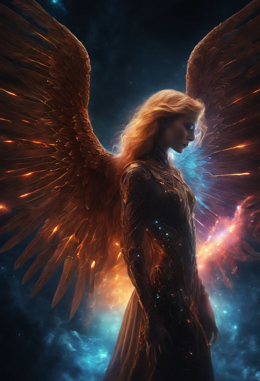Cosmic Fallen Angel, glowing light eyes, Biomechanical, eerie, Creepy, nightmarish, Very bright colors, Light particles, with light glowing, Mshiv, wallpaper art, UHD wallpaper